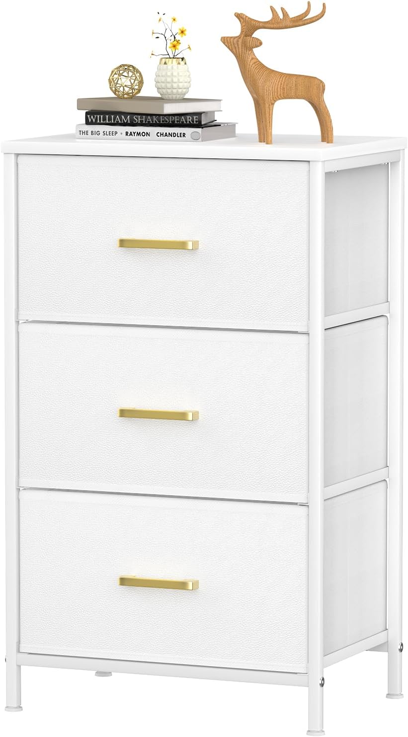 Innotic Mesita de noche con 3 cajones de tela, cómoda, estructura de metal, armarios de almacenamiento multifuncionales altos y estrechos para salón, dormitorio, blanco
