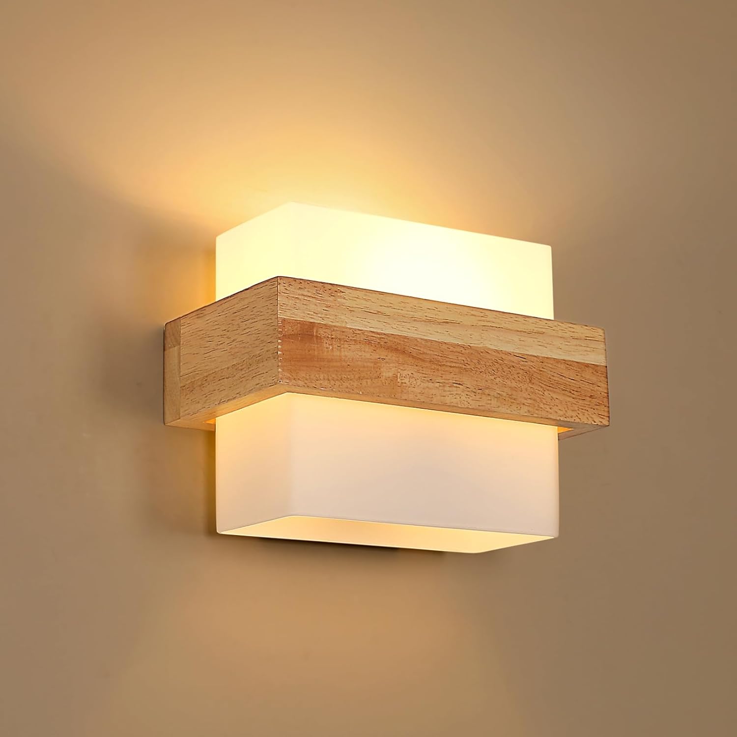 Lámpara de pared de interior DELIPOP, de madera, con casquillo E27, lámpara de pared moderna con pantalla de cristal, iluminación de pared de diseño cuadrado creativo para salón, dormitorio, pasillo, 3000K / 4500K / 6500K (bombilla E27 incluida).