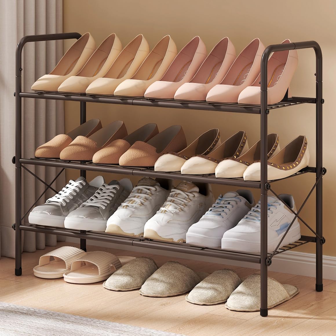 FAVOOSTY Zapatero con 4 Niveles, Zapatero de Metal, Organizador de Zapatos, de 20 a 25 Pares Perchero para Entrada, Pasillo, fácil de Montar, Sala de Estar, Dormitorio, Negro