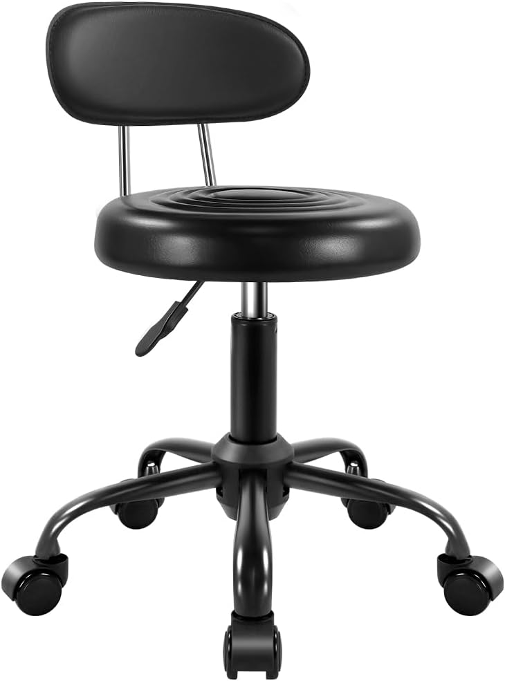 Taburete giratorio con ruedas, silla giratoria con altura ajustable, de piel sintética, ideal para spa, salón, hogar, oficina, trabajo de dibujo (negro)