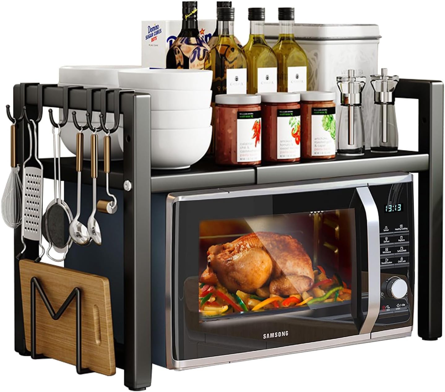 devesanter Estante Extensible para Microondas Soporte para Microondas de 2 Niveles con 5 Ganchos Estante Organizador de Cocina Estantes para Panadería para Microondas para Encimera, Extensible de 40 a