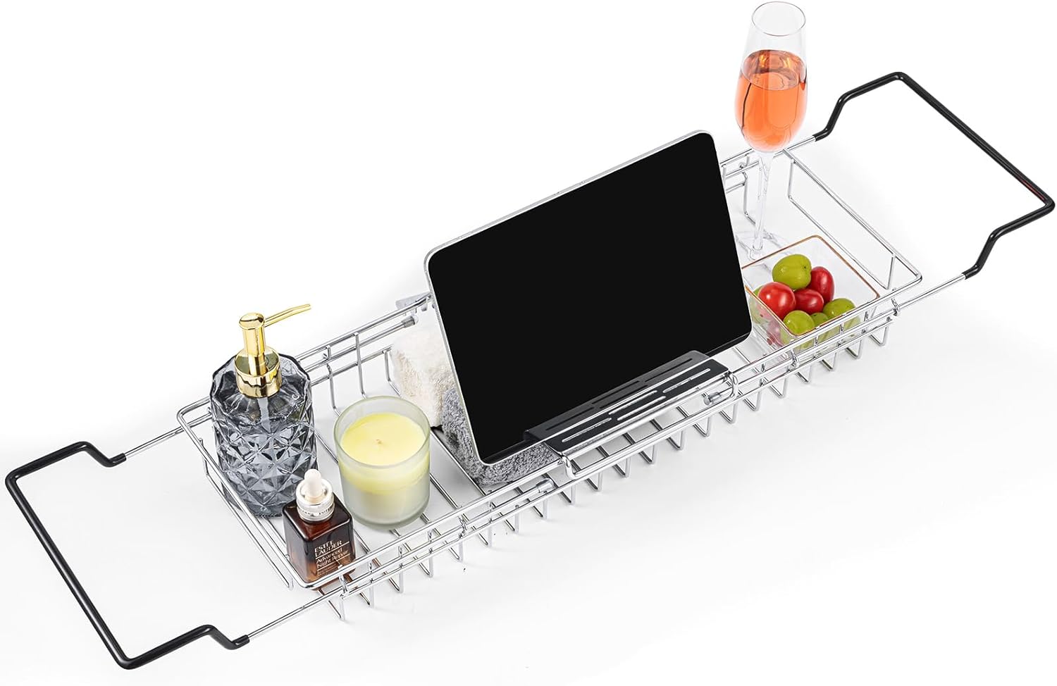 Bandeja para bañera TAILI de acero inoxidable, bandeja retráctil, soporte ajustable para iPad y libros, incluye portavasos, soporte para libros y copa de vino.