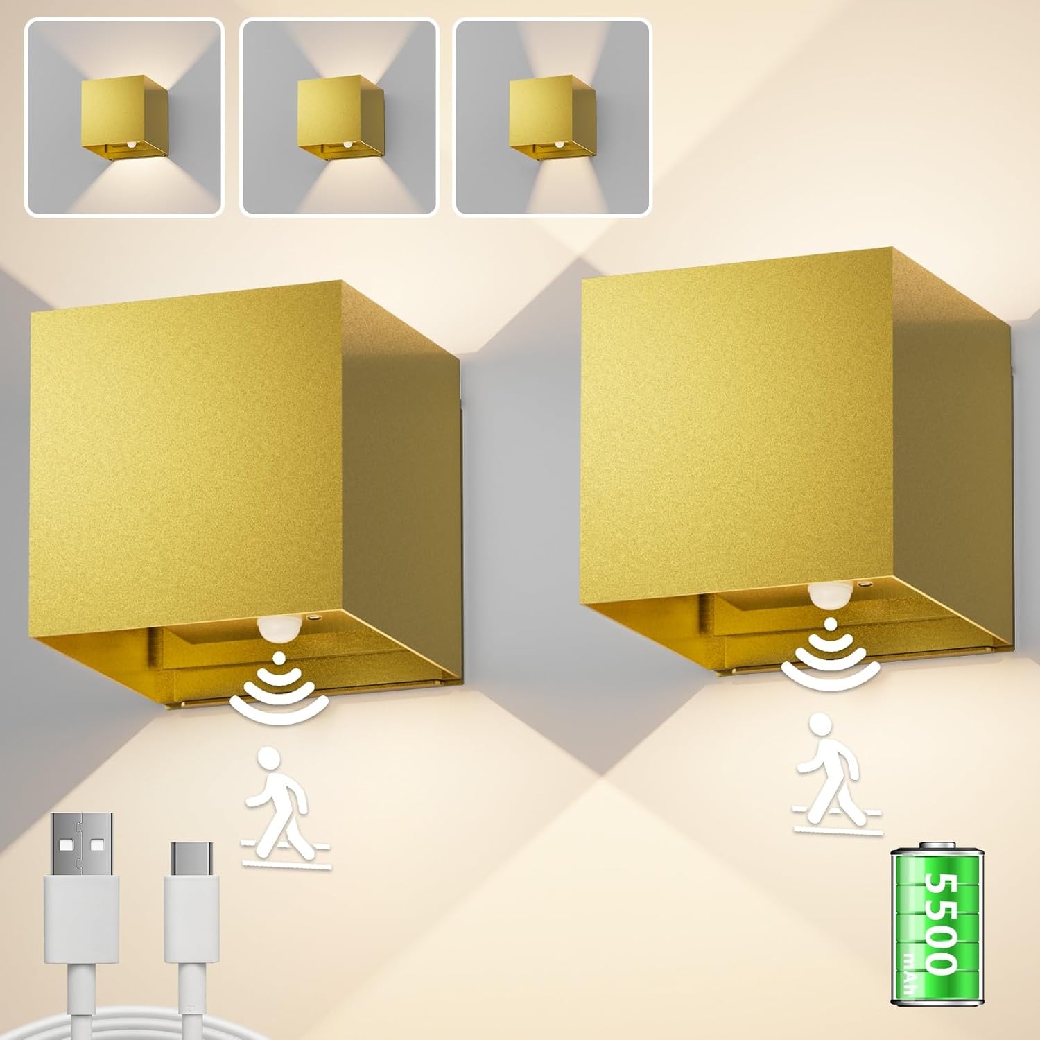 Aipsun Aplique de Pared con Batería Inalámbrica con Sensor de Movimiento Dorado, Aplique de Pared LED de Interior Arriba y Abajo de 5500 mAh, Blanco Cálido 2700 K, para Escaleras, Vestíbulos, Pasillos