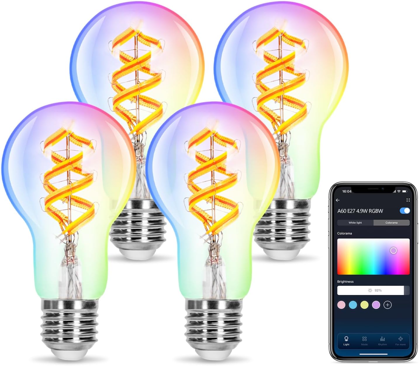 Aigostar Bombilla Alexa E27, Lámpara Alexa RGBW 4.9W 420LM, Bombilla Inteligente A60 2700K, Bombilla Inteligente Compatible con Alexa y Google Home, Bombilla WiFi Luz Cálida, 4 Piezas