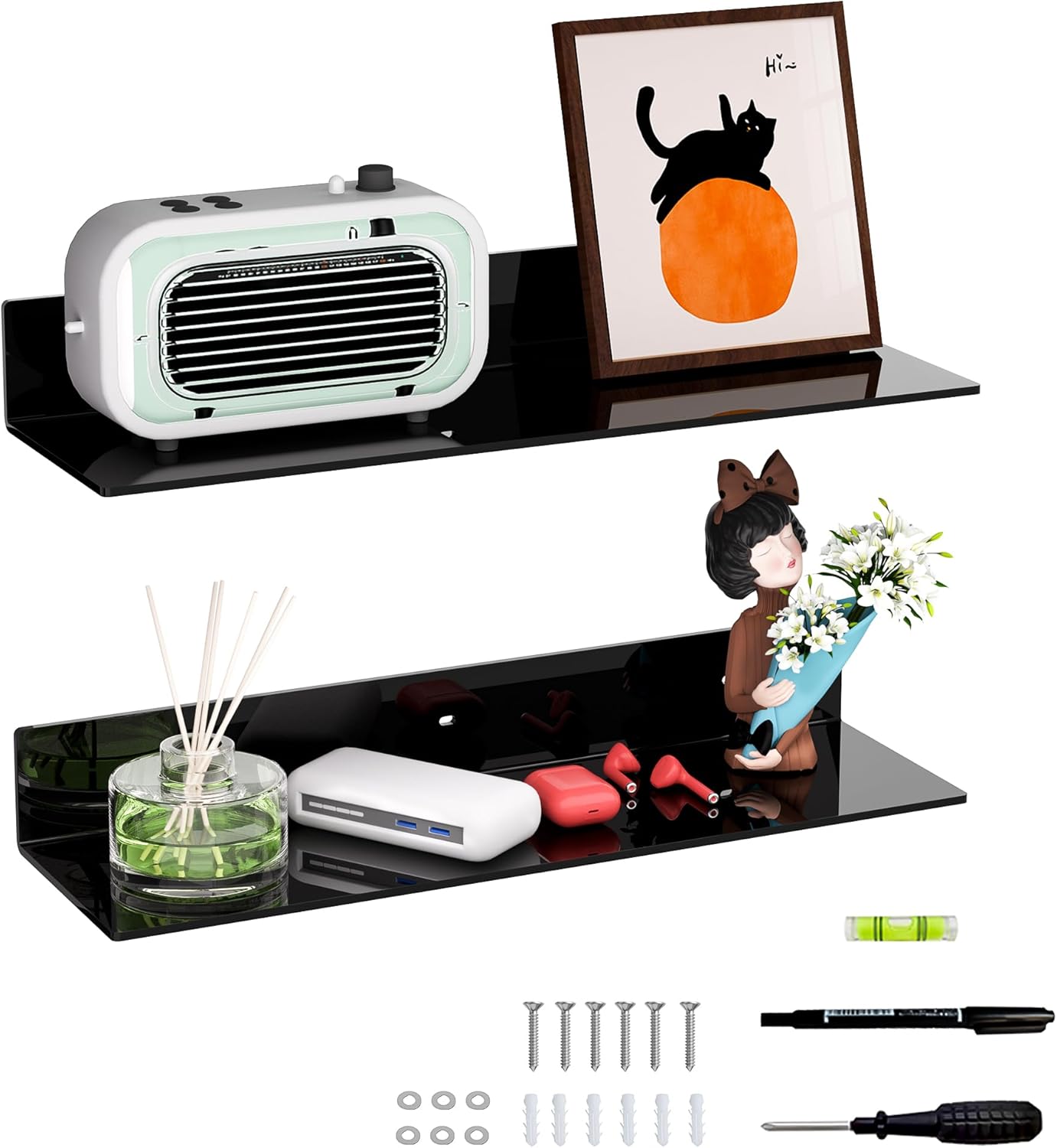 Estantes de pared acrílicos negros Sezanrpt de 50 cm. Estantería de pared de plexiglás para decoración de pared, ideal para muñecas, cosméticos, perfumes, libros y tarros de especias. Paquete de 2 (50 cm).