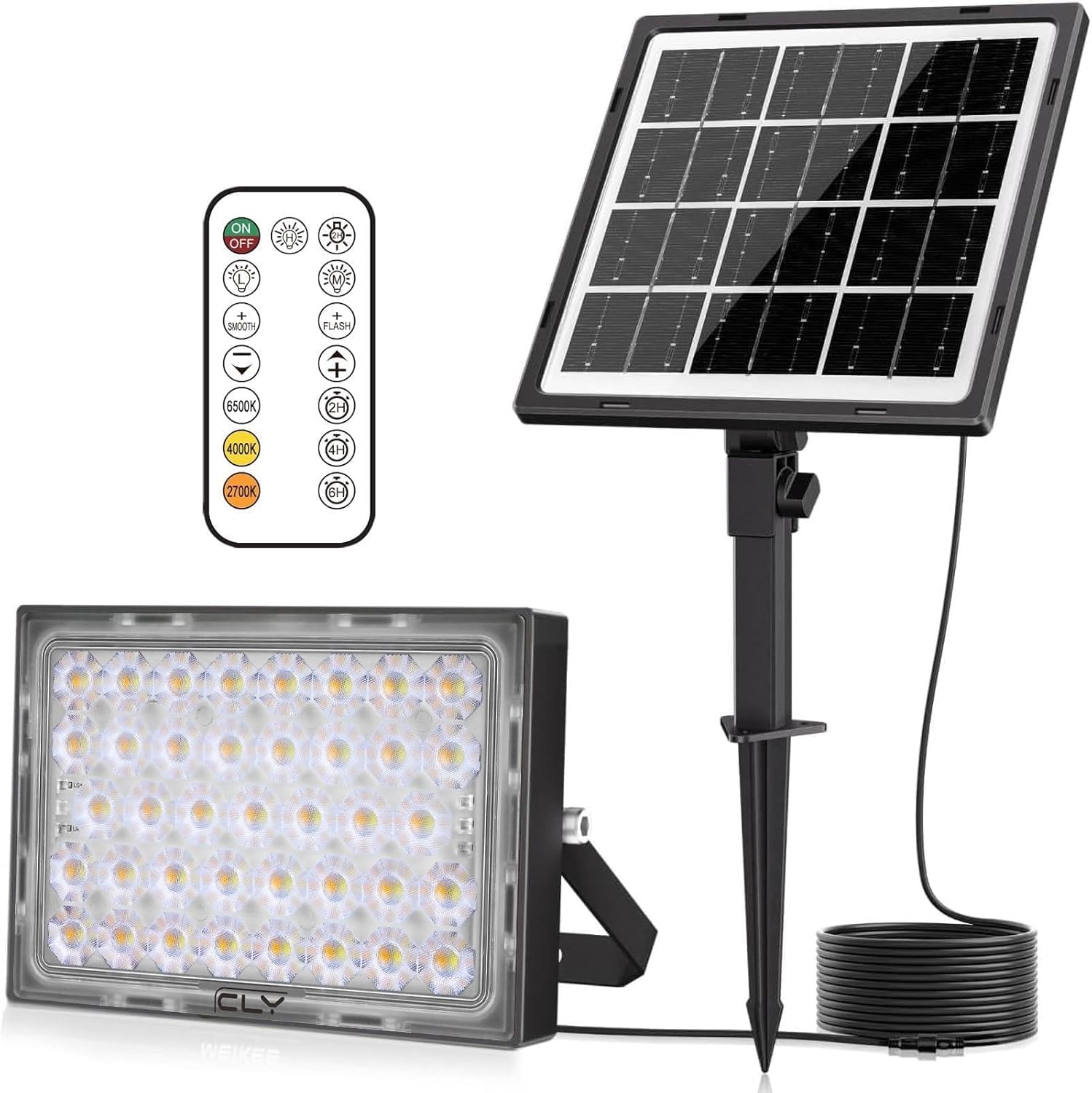 Foco solar para exterior CLY con control remoto, 30 W, 2600 LM, 2700 K, 4000 K, 6000 K, 2 niveles de brillo, 2 modos dinámicos, función de temporización, 5000 mAh, resistente al agua IP66