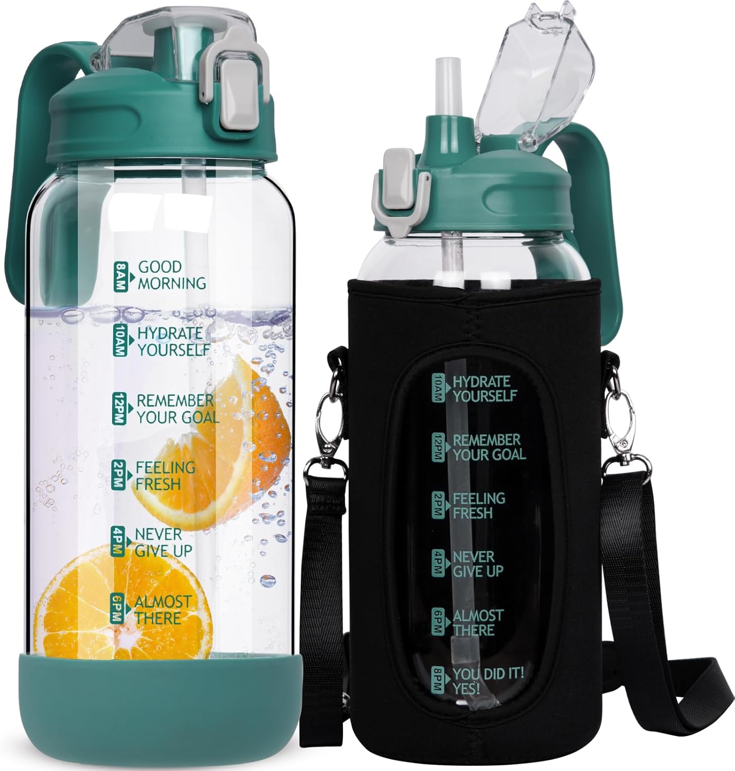 DEARRAY Botella de vidrio de 1,5 l con pajita y marcador de tiempo Botella de vidrio grande y motivacional de 1,5 litros con tiempo Botella de agua sin bpa a prueba de fugas Jarra de vidrio con tapa J