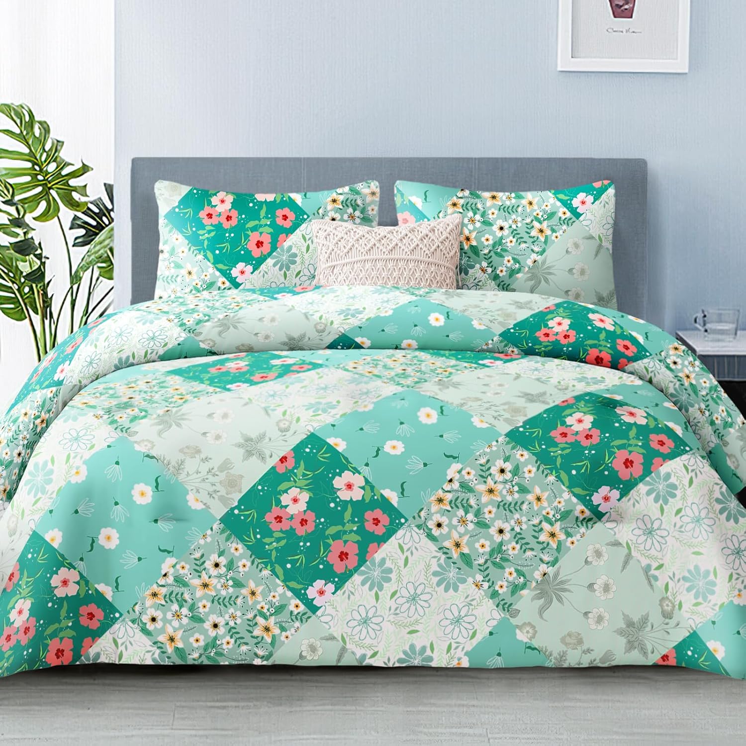 Whale Flotilla Edredón 220 x 230 cm, Edredón Transpirable y Súper Suave, Edredón para Las 4 Estaciones con 2 Fundas de Almohada, Estampado de Cuadros, Verde