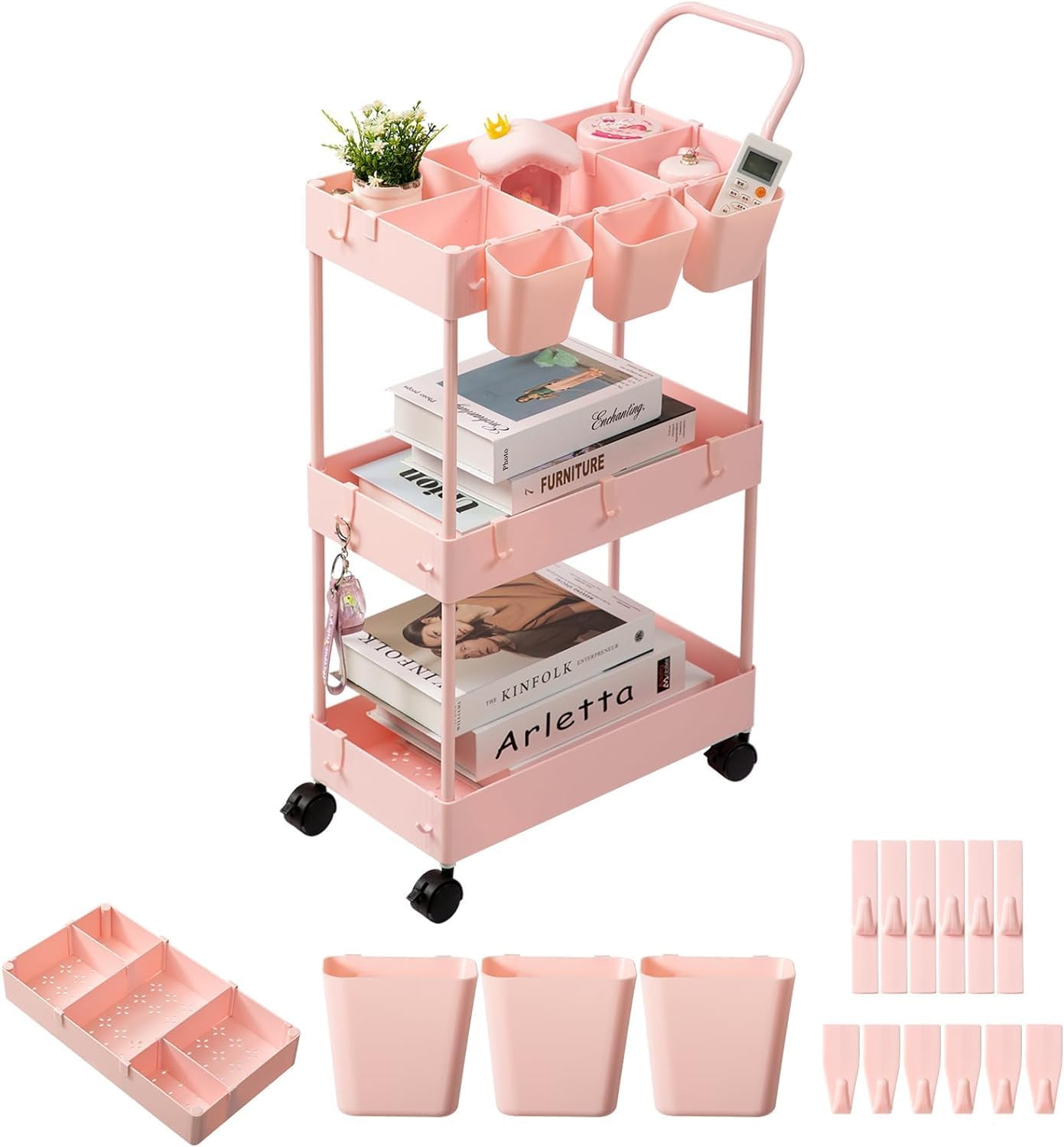 Carrito auxiliar Danpinera estrecho con ruedas, carrito de servicio de 3 niveles, carrito de cocina con separadores, ganchos y vasos colgantes, carrito para manualidades, carrito nicho para cocina, maquillaje, baño, oficina, rosa