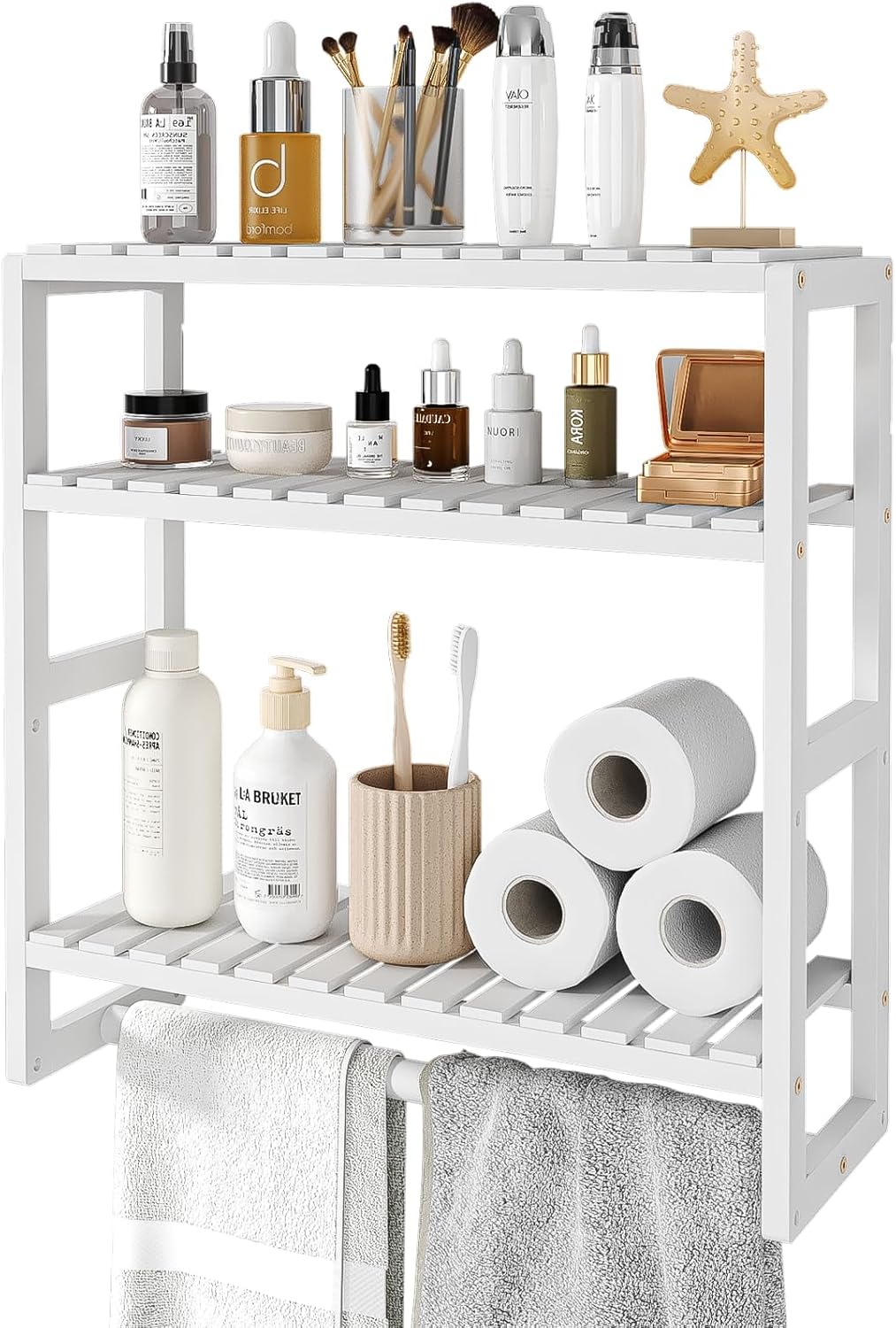 Bamworld Estantería de Baño Mueble de Baño Bambú Organizador de 3 Niveles Mueble de Baño para la Pared Ahorro de Espacio Moderno (Blanco) (42 x 15 x 42 cm)