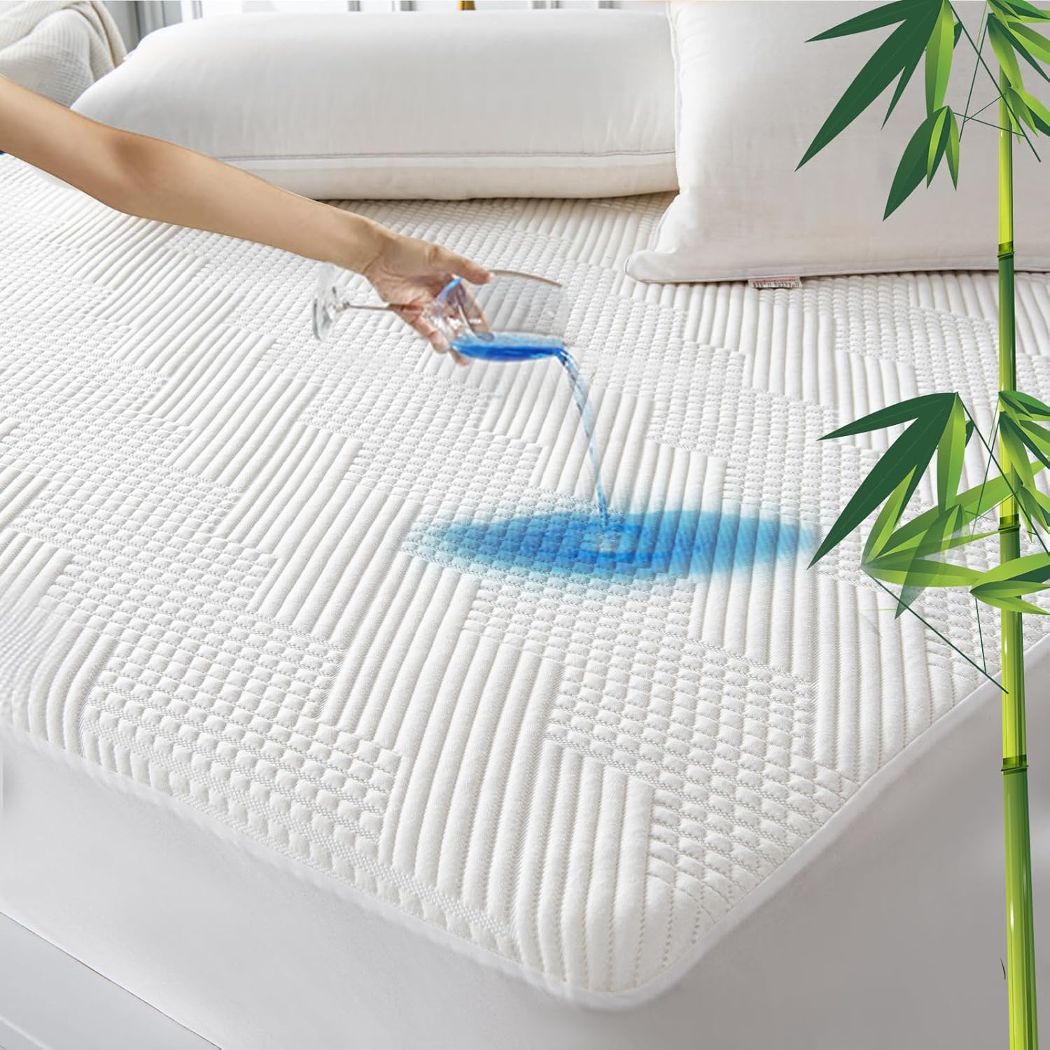 GRT Protector de Colchón 160 x 200 cm, Cubrecolchón Impermeable Bambú 3D Air Fibra de Bambú Enfriamiento Funda de Colchón, Sábana Bajera Protector de Sábana Adecuado para Colchones de hasta 40 cm de A