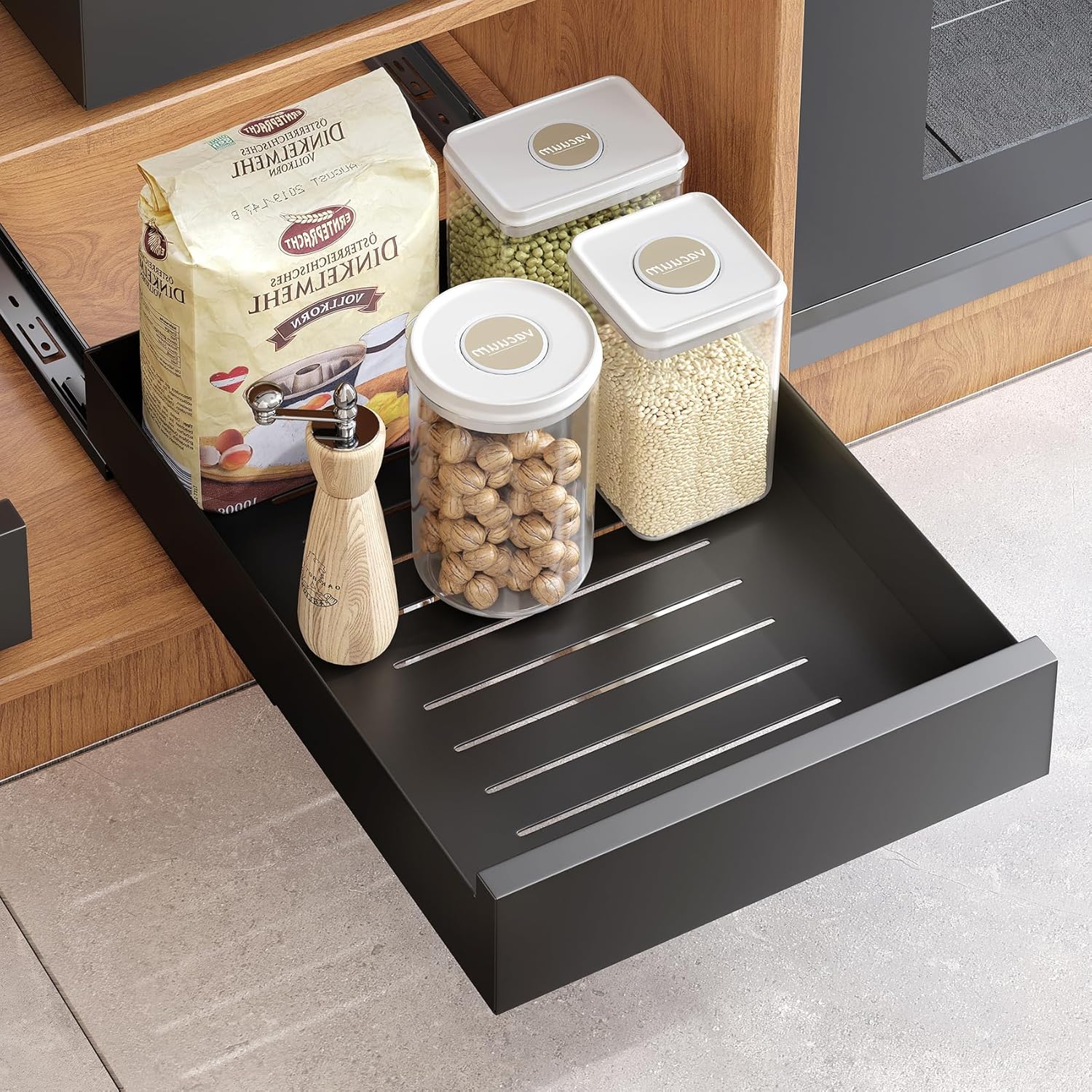 Kitstorack - Cajón telescópico, estantes de almacenamiento extensibles para gabinetes de cocina, cajón extraíble, organizador de gabinetes de cocina, negro, 30 cm de ancho x 53 cm de profundidad x 8 c