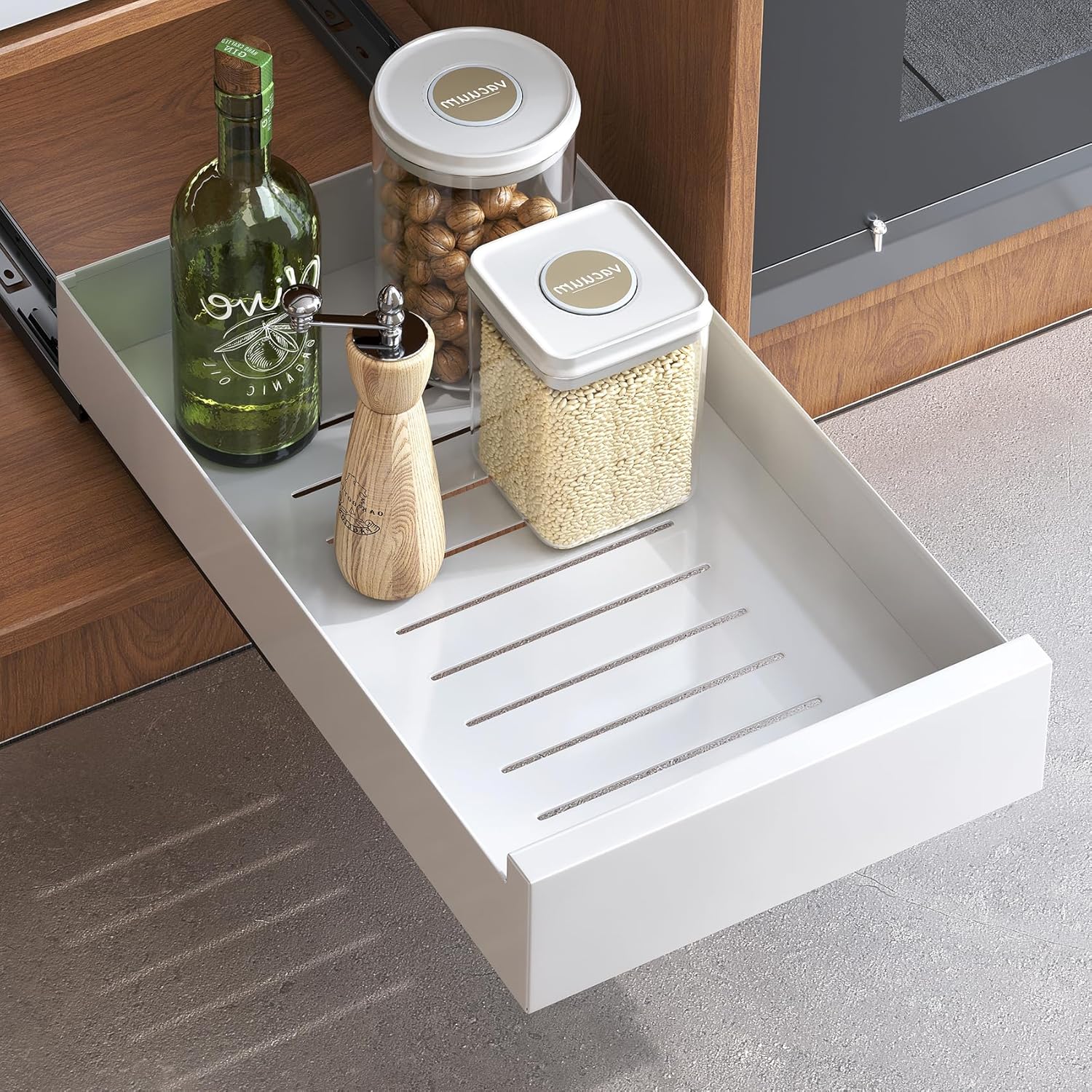 Kitstorack - Cajón telescópico, estantes de almacenamiento extensibles para armarios de cocina, cajón extraíble, organizador de armarios de cocina, blanco, 35 cm de ancho x 53 cm de profundidad x 8 cm