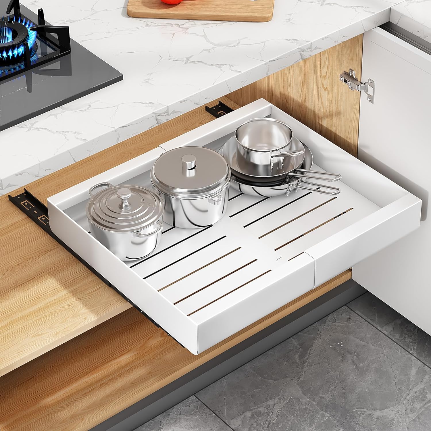 SAYZH Cajón telescópico extensible para cocina, organizador de cajones para armarios de cocina, sin herramientas, 43 cm (profundidad) x 30 a 50 cm (ancho), color blanco