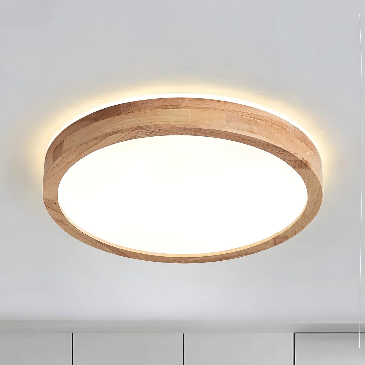Lámpara de techo LED WayLuoung de madera | Ø30 cm, 6000 K, 1620 lm, 18 W | Lámpara de techo redonda, iluminación de 360°, madera natural, ideal para dormitorio, salón, habitación infantil, cocina y comedor (blanco frío)