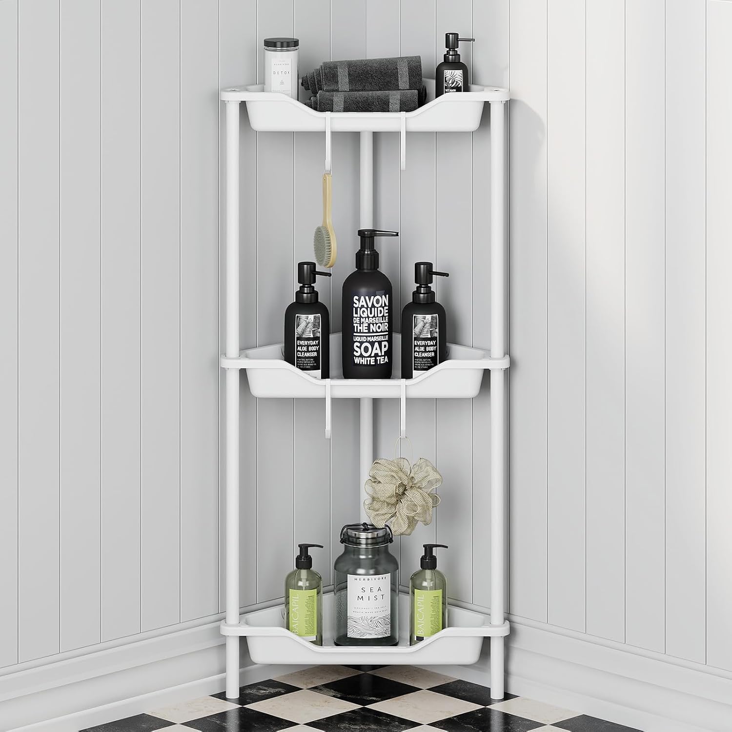 Oriware 3 Niveles Estanteria Baño de Ducha de Pie, Organizador de Esquina de Piso, Cesta Ducha sin Taladrar para Baño, Blanco