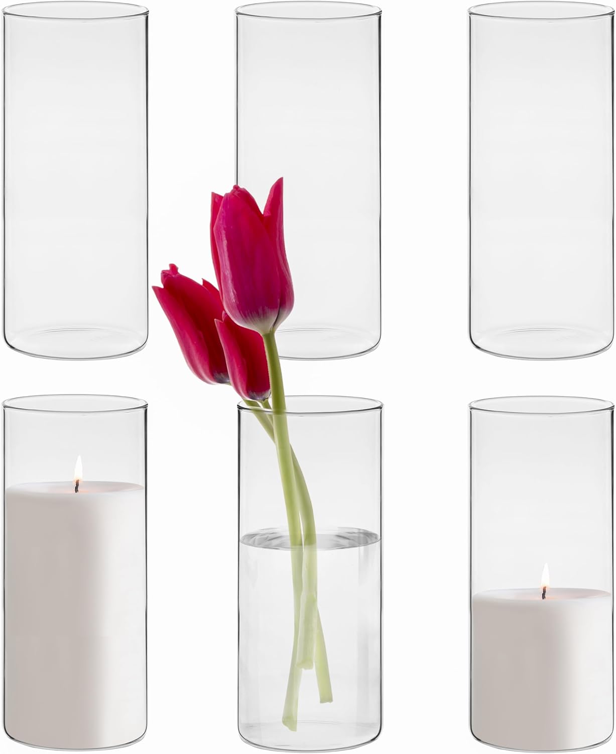 Winter Shore Jarrones de Vidrio de 20,5 cm de Alto para decoración de Mesa [Pack de 6] - Tarros para Velas, Flores, guijarros, conchas, Perlas y Faroles de Cristal - Jarrón cilíndrico de Vidrio Transp