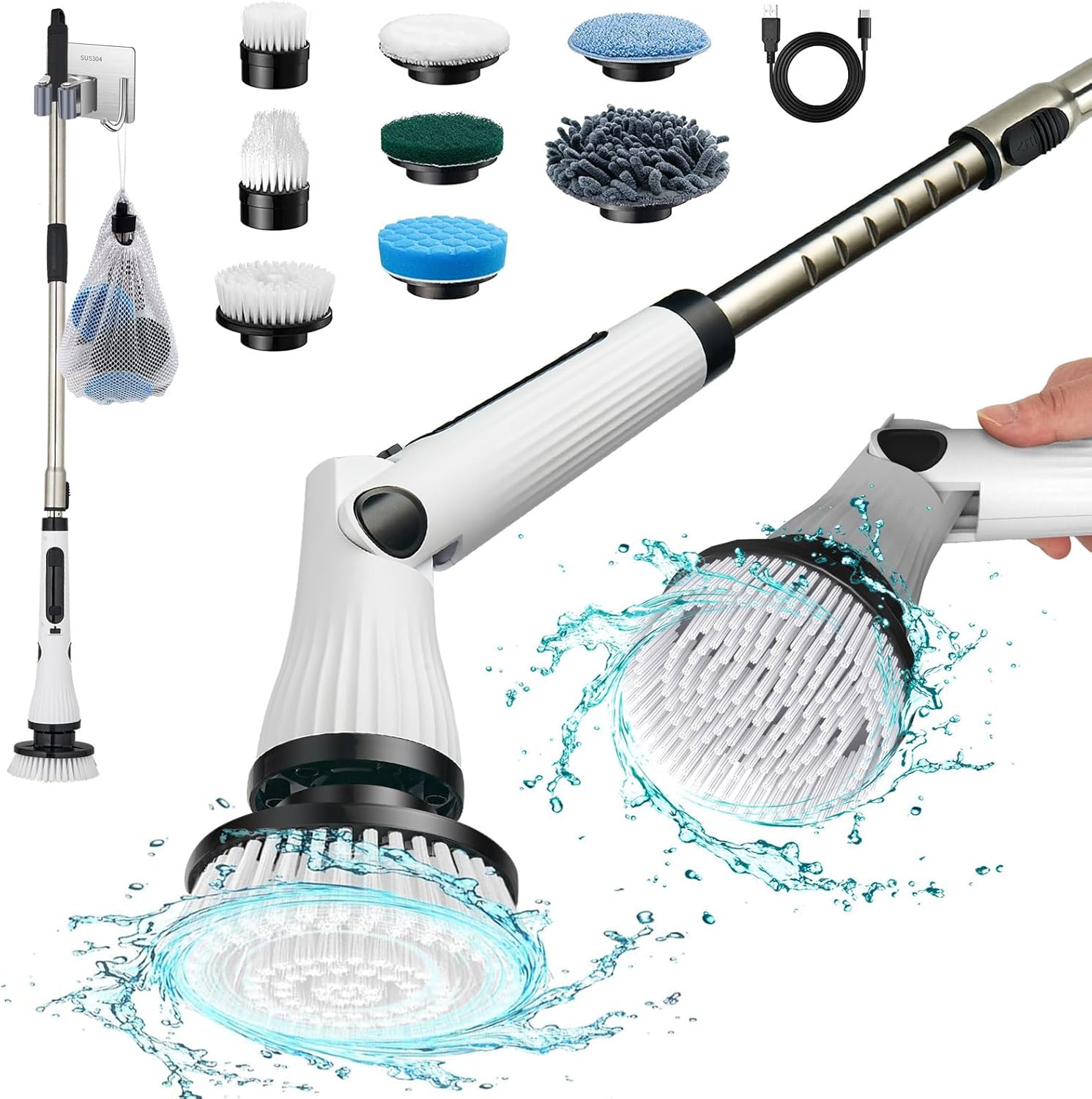 Limpiador eléctrico giratorio, limpiador eléctrico inalámbrico para bañera con 8 cabezales de cepillo de taladro reemplazables, cepillo de limpieza de ducha con mango ajustable para suelos de