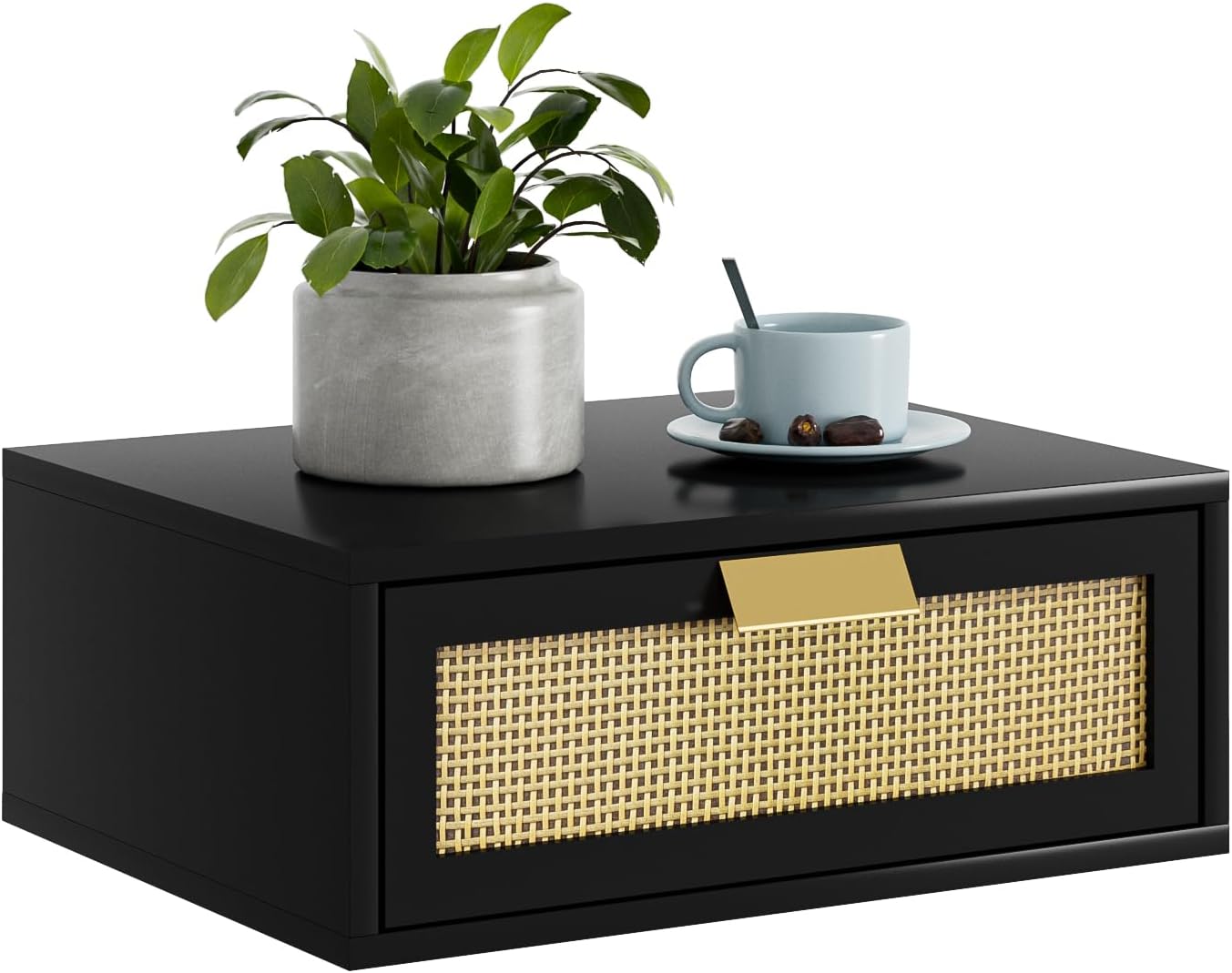 HEYZOEY Mesita de noche de ratán, cómoda para dormitorio, mesa auxiliar pequeña con cajón, mesita de noche, mesa auxiliar con marco dorado para dormitorio, sala de estar, blanco (negro)