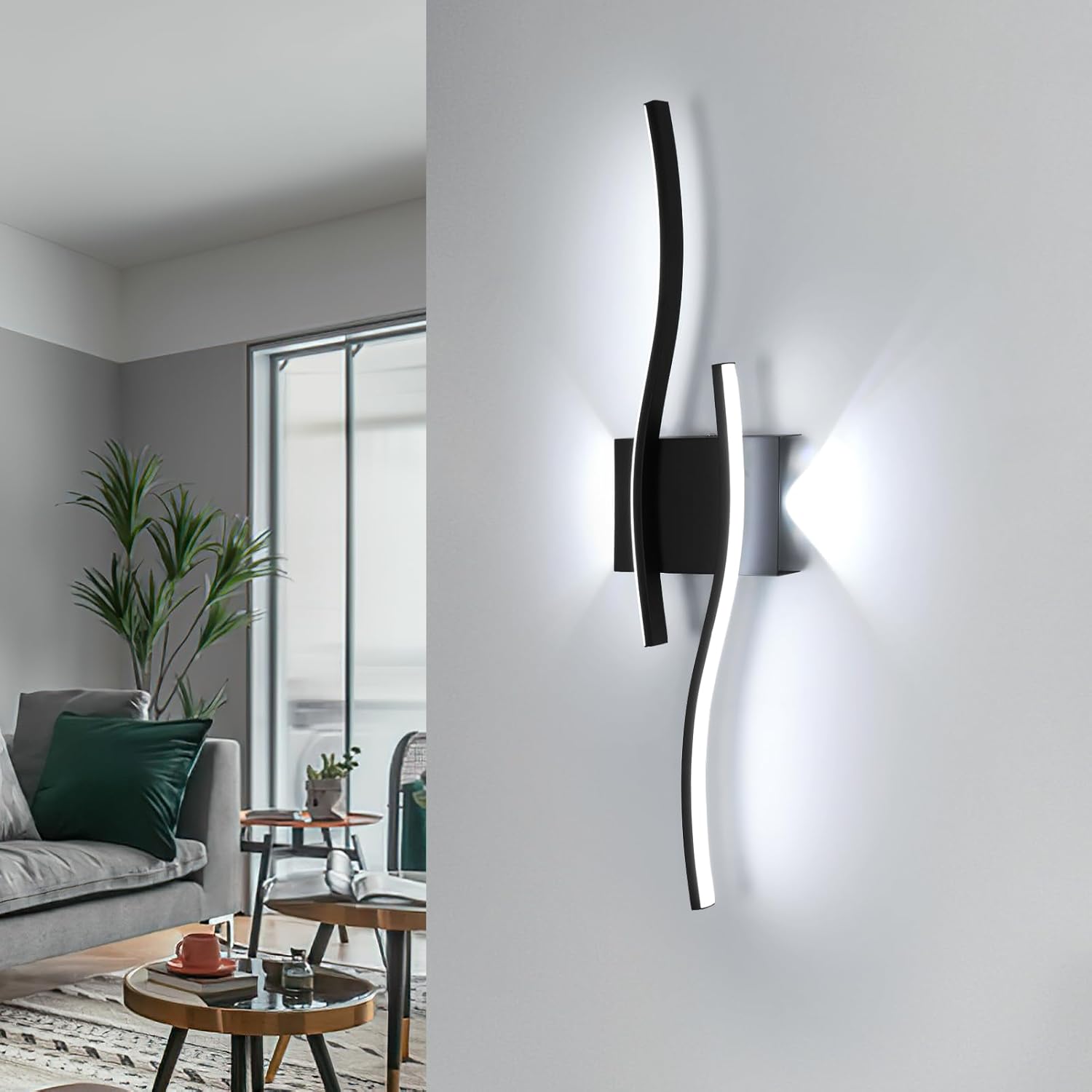 Aplique LED de pared para interior, moderno, 20 W, 2250 lm, iluminación creativa para salón, dormitorio, pasillo y escaleras. Blanco frío 6500 K, negro, 60 cm.