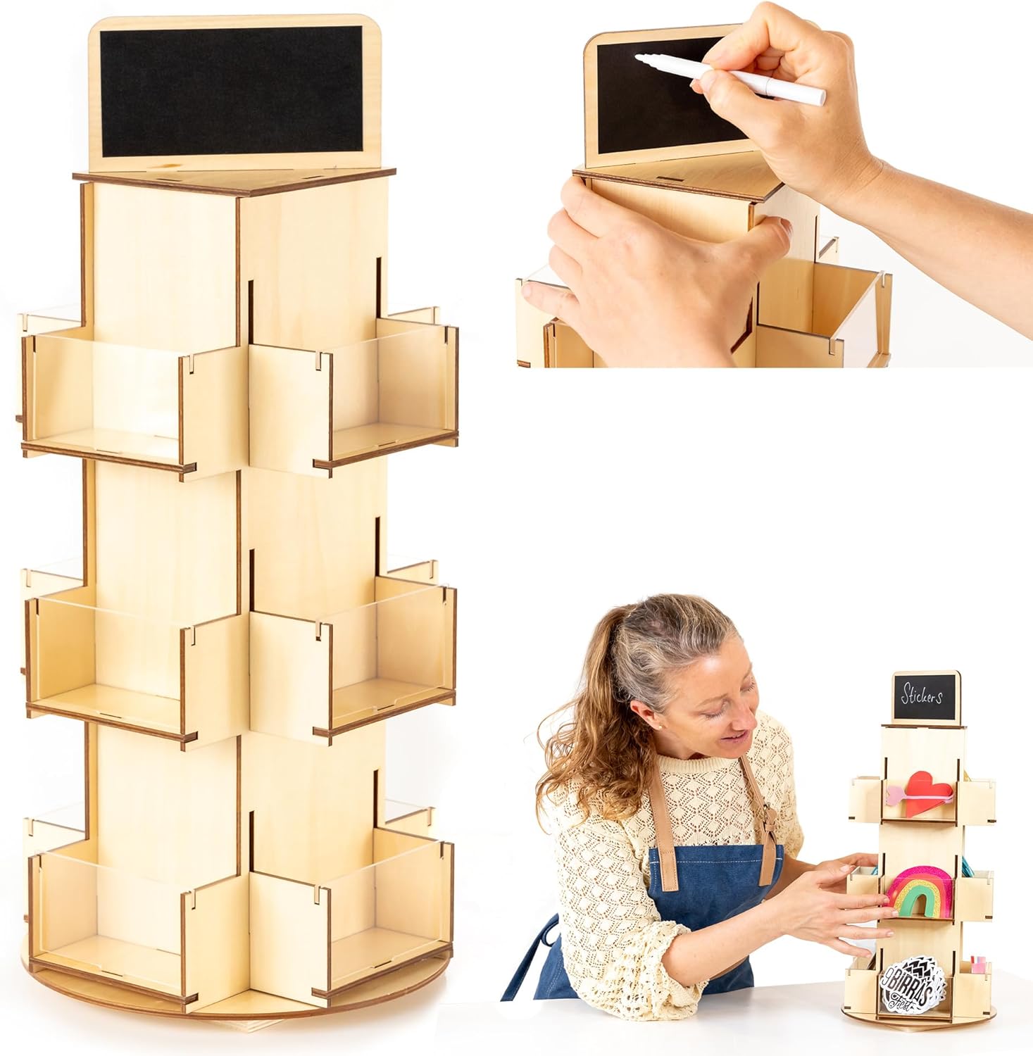 Soporte giratorio para pegatinas, tarjetas y postales para vendedores: versátil soporte de mesa de madera para tarjetas | Organizador de estanterías para tiendas | Soporte para postales