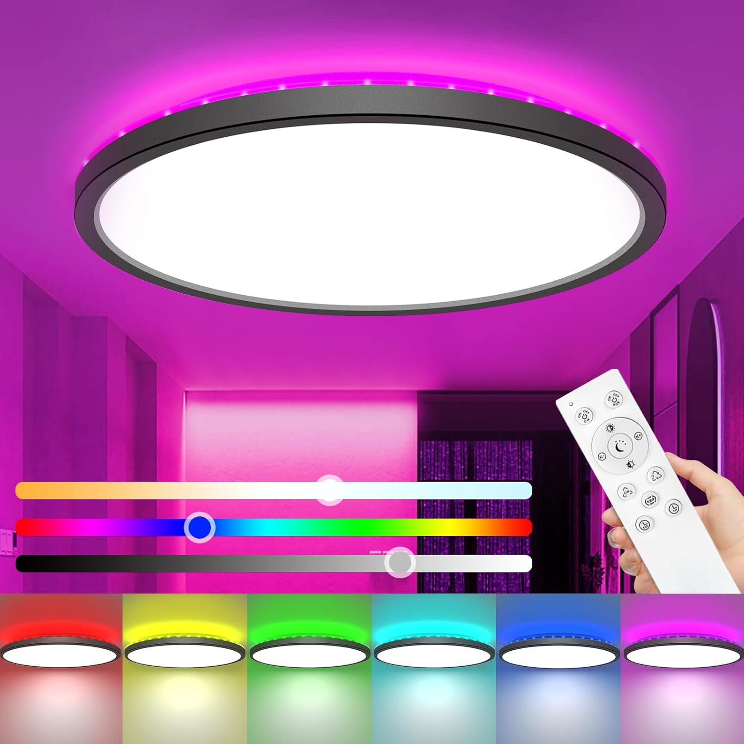 Lámpara de techo LED Zemty regulable, 30 cm, 24 W, 3200 lm, RGB, cambio de color, con control remoto, 3000 K-6500 K, resistente al agua, para baño, habitación infantil, dormitorio, color negro.