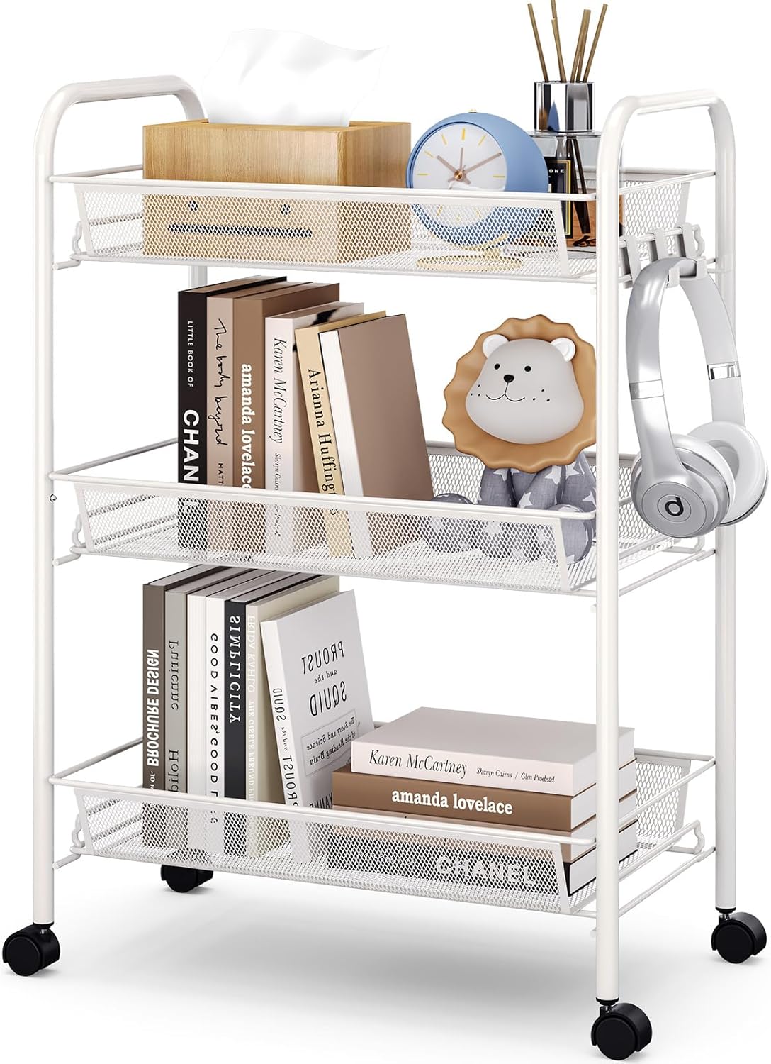 Carrito de cocina móvil multifuncional Urackify de 3 niveles para baño, cocina y lavandería. Metal resistente a la corrosión, cesta de malla transpirable y ganchos laterales incluidos. Fácil montaje, color blanco.