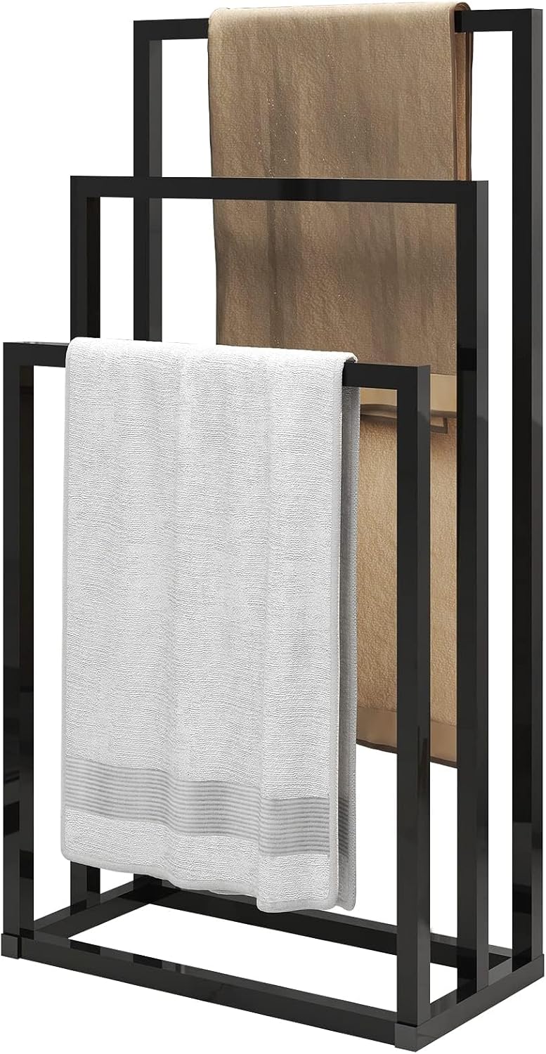 JELUTE Toallero independiente, soporte y secador de toallas con 3 niveles, toallero y toallero de baño, negro