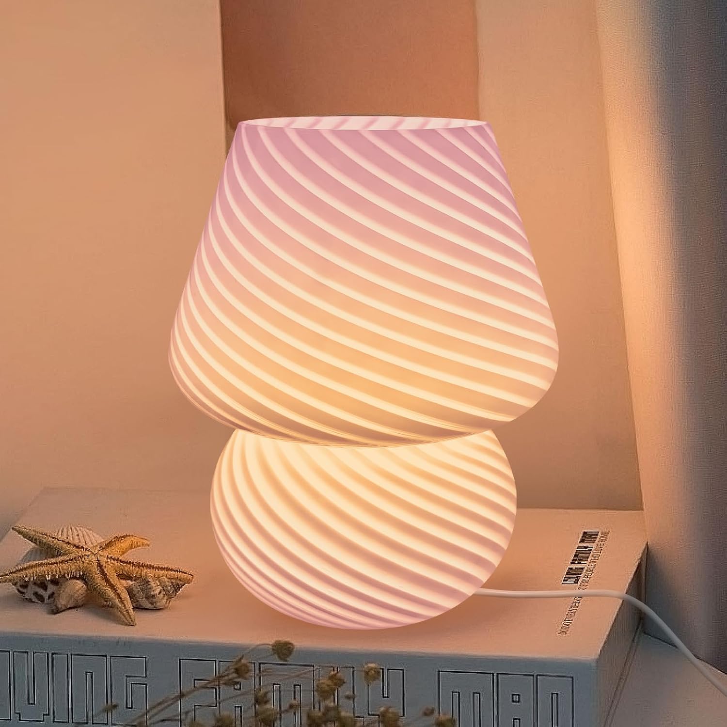 Lámpara de mesa con forma de hongo HONPHIER, lámpara de noche de cristal, luz nocturna regulable con control remoto, luz ambiental decorativa para dormitorio y sala de estar (rosa)