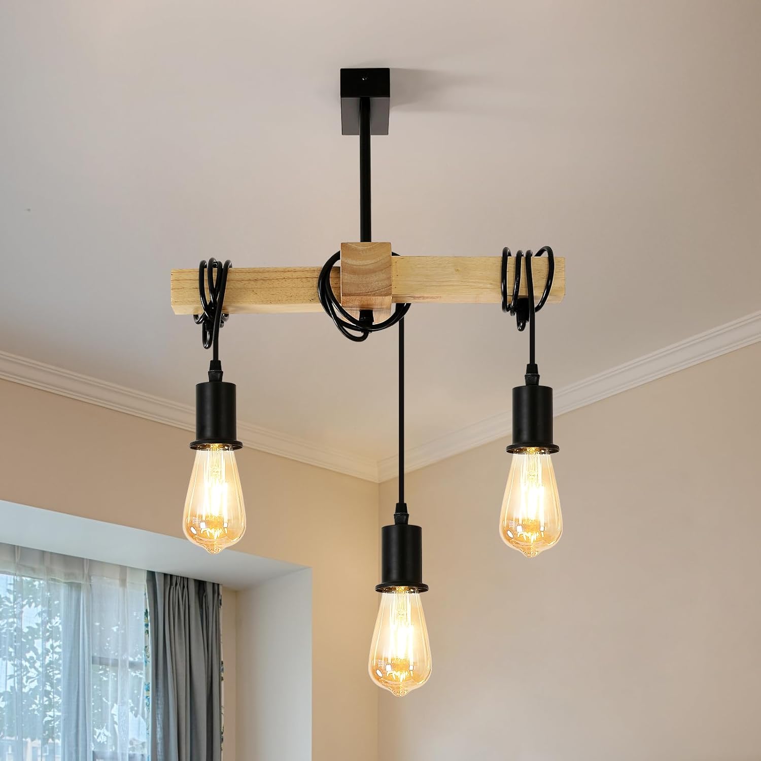 Lámpara colgante retro vintage Pheashine: lámpara colgante de 3 luces de metal y madera, E27, lámpara colgante industrial para comedor, cocina, salón, bar y restaurante (bombilla no incluida).
