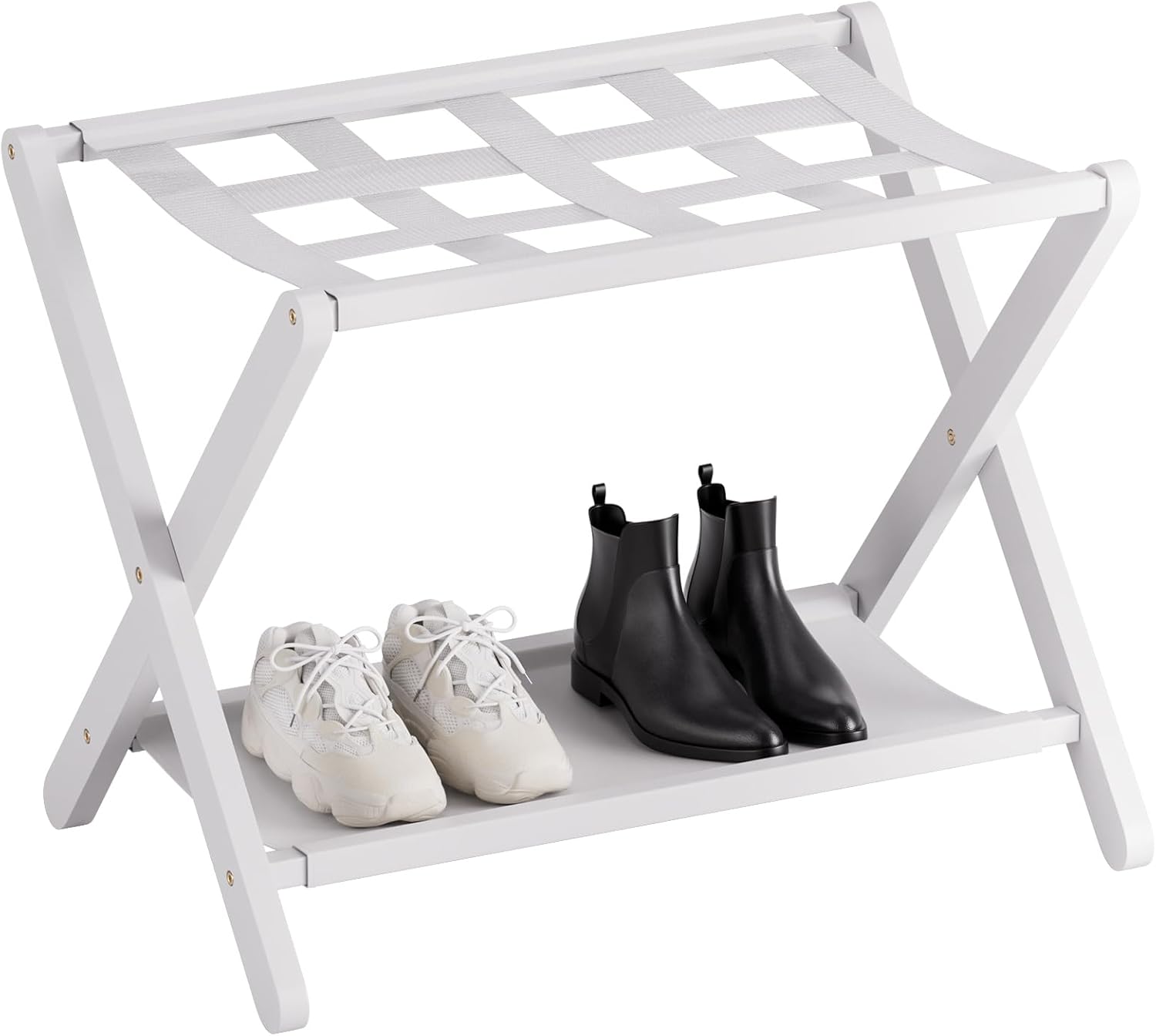 Soporte de equipaje plegable de bambú con dimensiones de 67,5Wx46Dcm, diseñado para soportar hasta 50kg en la parte superior y 10kg en el estante inferior. Cuenta con 5 correas de nylon y un diseño de doble estante para almacenamiento adicional. Plegable para ahorro de espacio, ideal para hoteles, dormitorios y más. Montaje fácil con instrucciones claras.