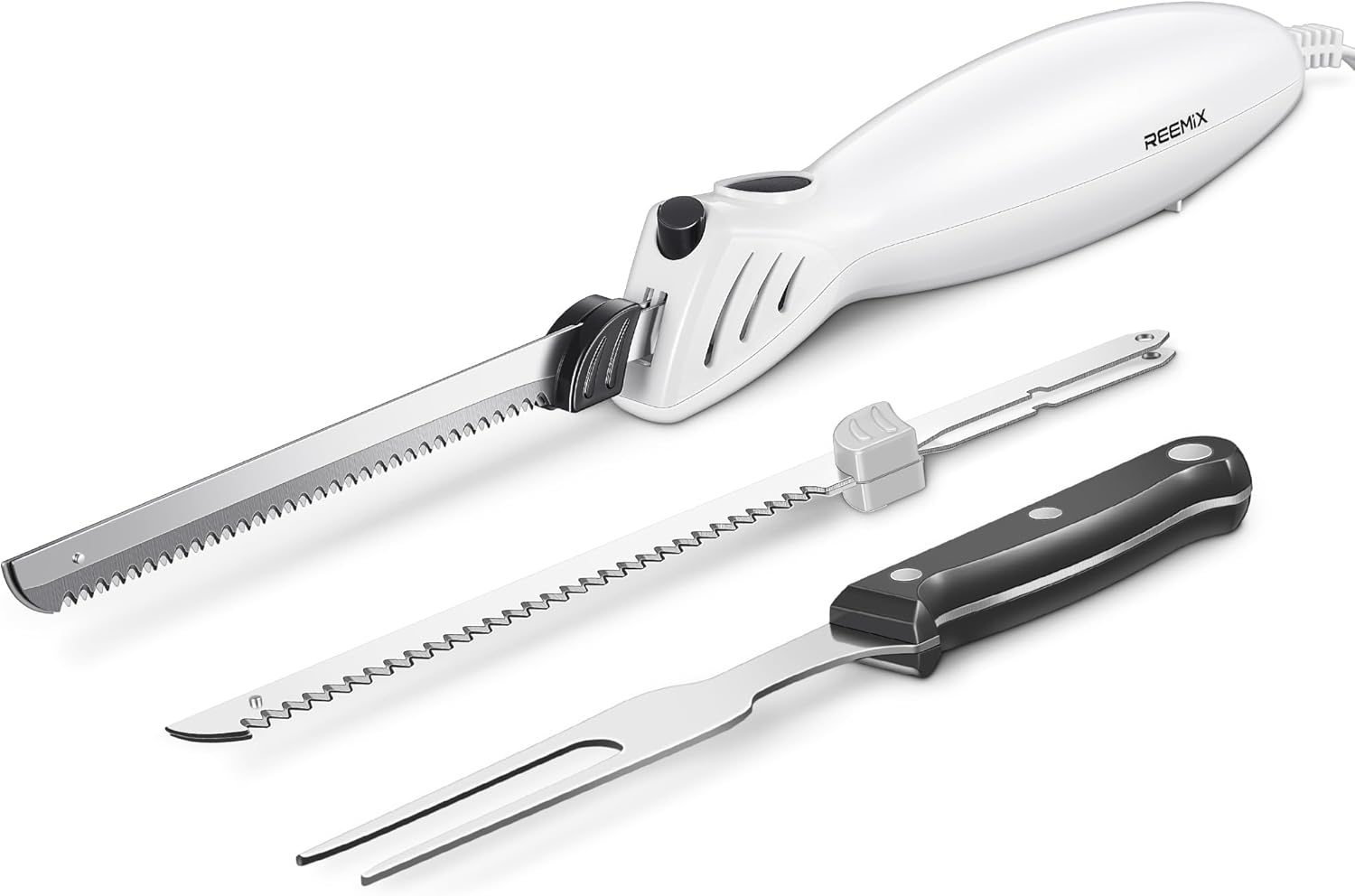 Reemix cuchillo eléctrico de cocina cuchillo eléctrico para carne cuchillo de cocina eléctrico para pan, longitud útil de la hoja 15 cm, pares de hojas de acero inoxidable con dientes finos y gruesos 
