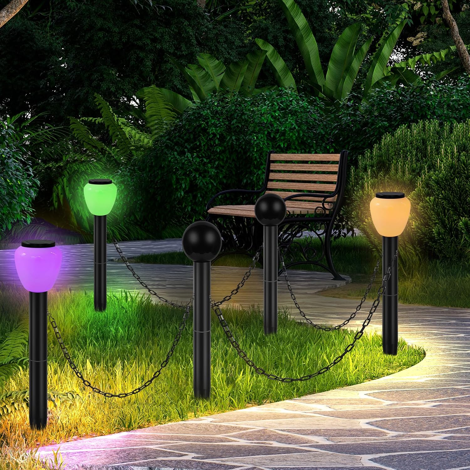 Las lámparas solares NEWNEN para jardín exterior incorporan tecnología avanzada que permite iluminación en colores RGB y blanco cálido. Equipadas con paneles solares de alta eficiencia, son ideales pa