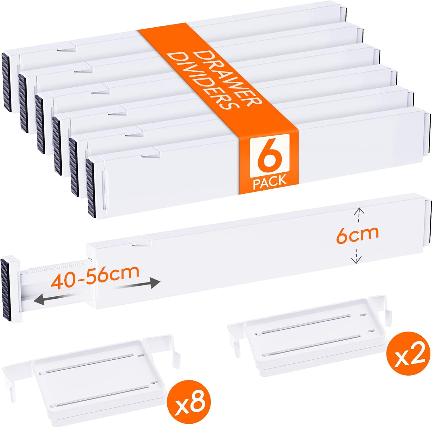 Lifewit - Juego de 6 divisores de cajones ajustables (6 cm de alto y 40,6-56 cm de largo), organizador de cajones de plástico con 10 insertos para ropa, maquillaje, tocador y cocina.