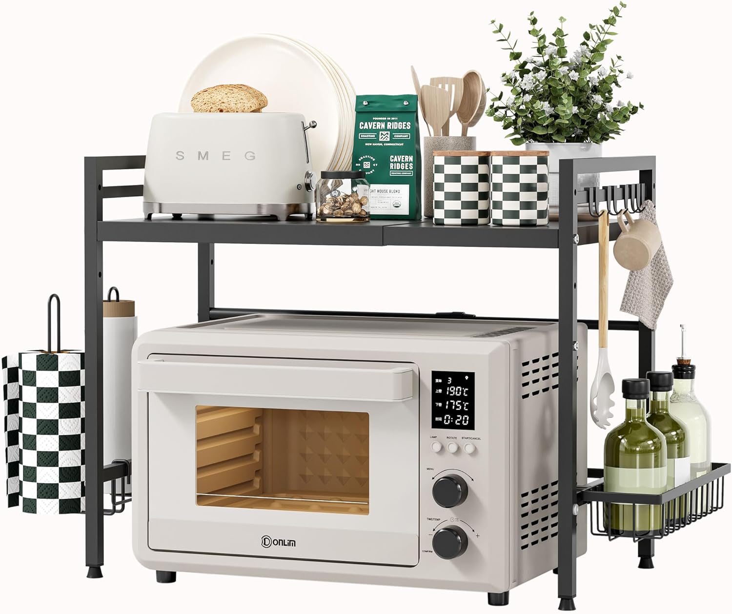 NETEL Estante extensible para microondas, organizador de 2 niveles, estante de encimera, estante para repostería con soporte para toallas de papel y especiero, negro, extensible de 40 a 60 cm