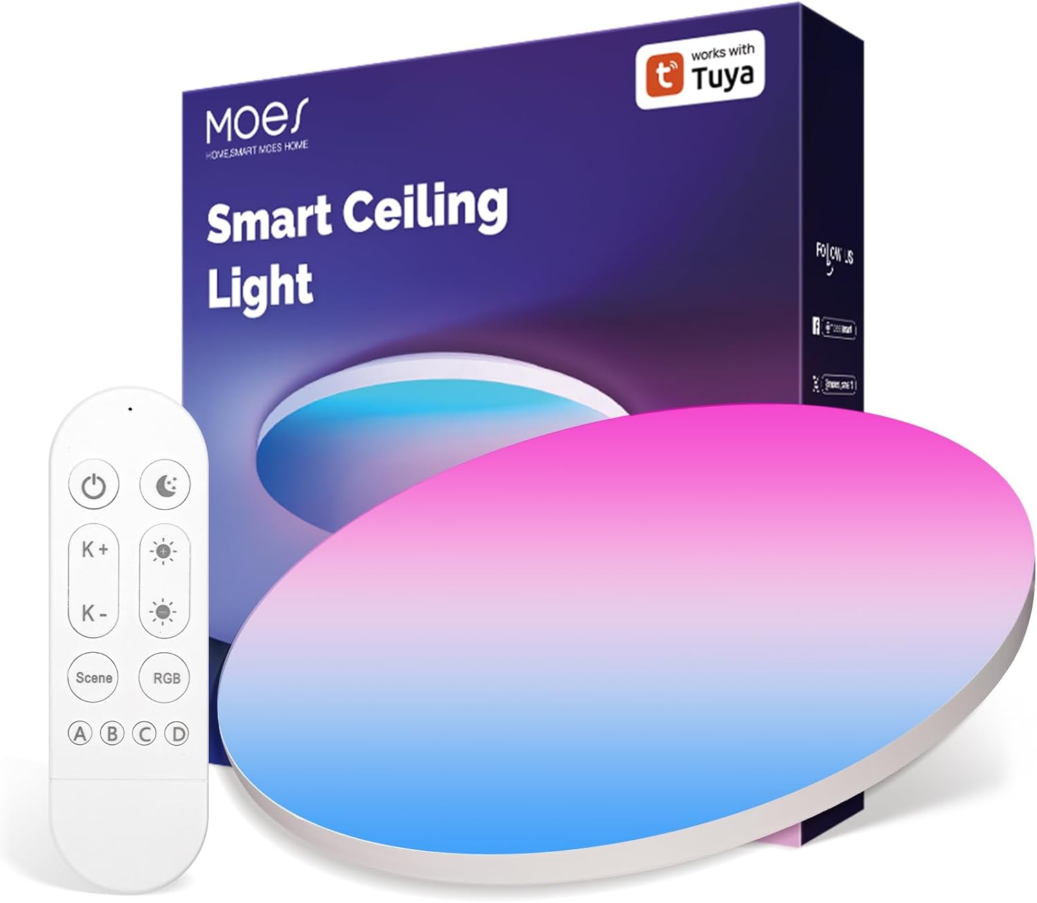 Lámpara de techo LED inteligente MOES, Ø29 cm, 24 W/2500 LM/3000 K-6500 K RGB regulable con 16 millones de colores personalizables y control remoto, compatible con Alexa/Google Home y la app Smart Life/Tuya.