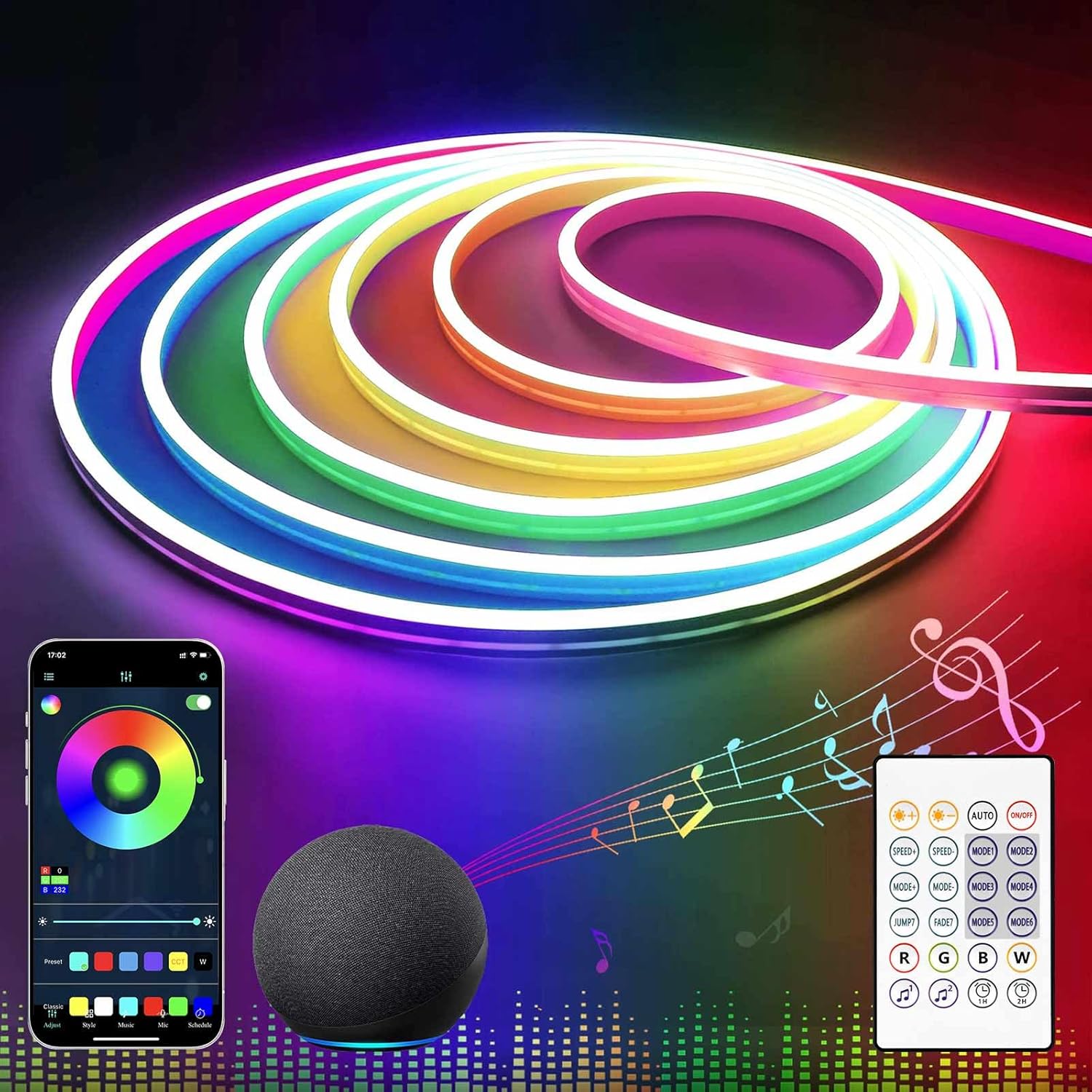Tira LED de neón de 5 m con 120 LED/m, control bluetooth, 16 millones de colores, modo de música y temporizador, diseño impermeable IP65, cortable cada 1 cm. Incluye adaptador y accesorios de montaje.