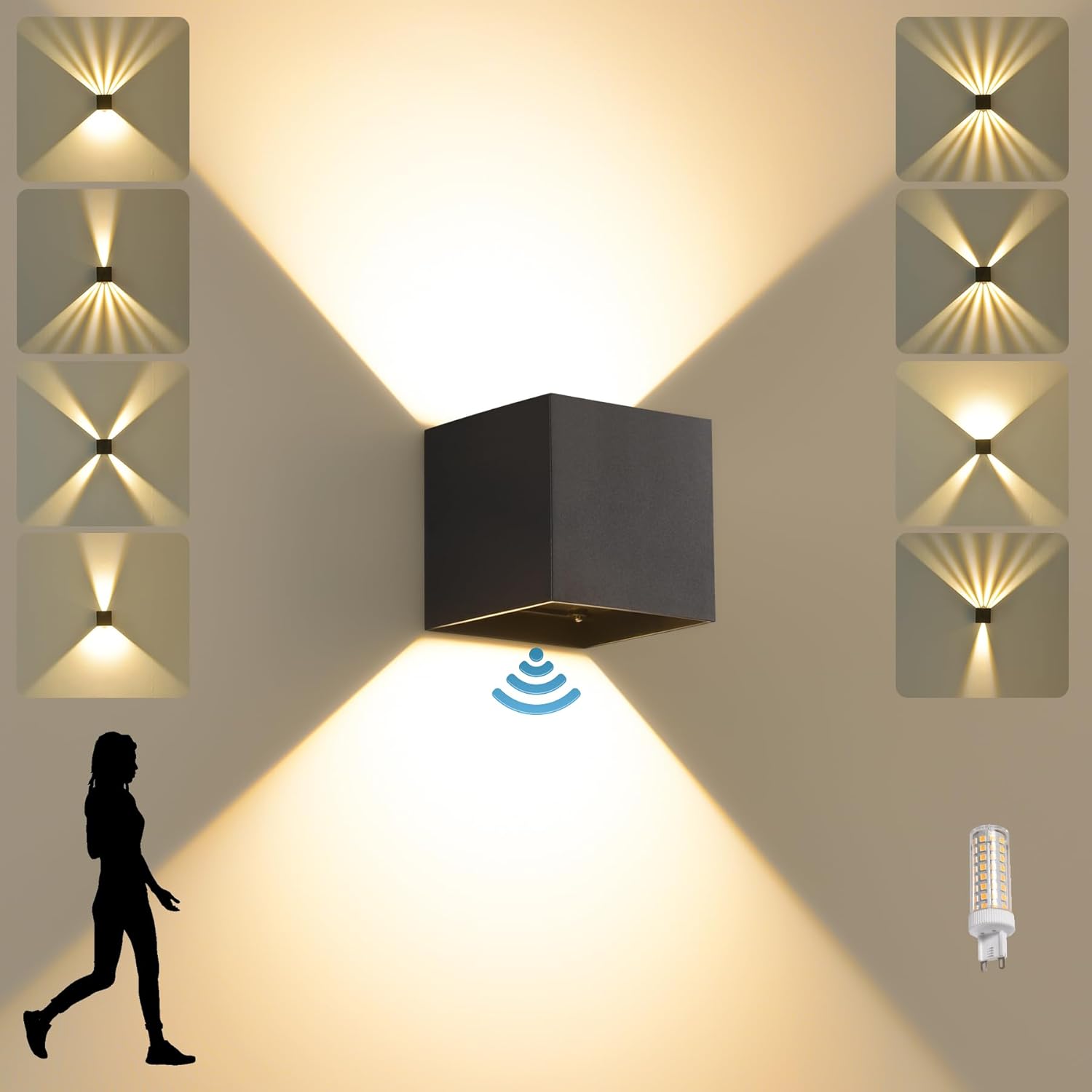 Aplique de pared SANSHI para interior/exterior con sensor de movimiento, luz blanca cálida de 3000K con bombilla LED G9 reemplazable, resistente al agua IP65, ángulo de haz ajustable hacia arriba/abajo, color negro.