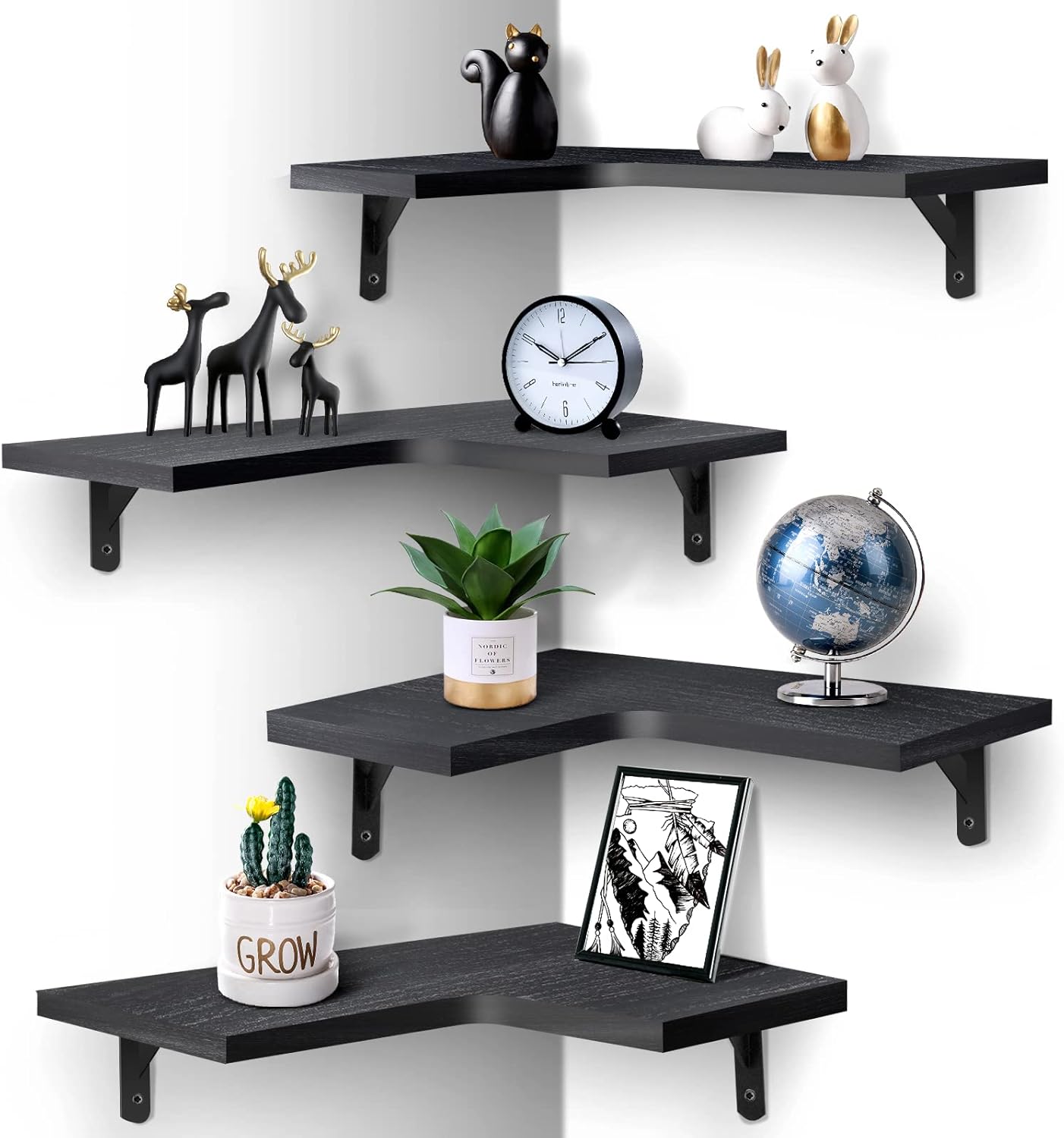 Wlicon - Juego de 4 estantes flotantes de esquina para pared, estilo rústico moderno, de madera, para decoración del hogar, dormitorio y sala de estar (negro)