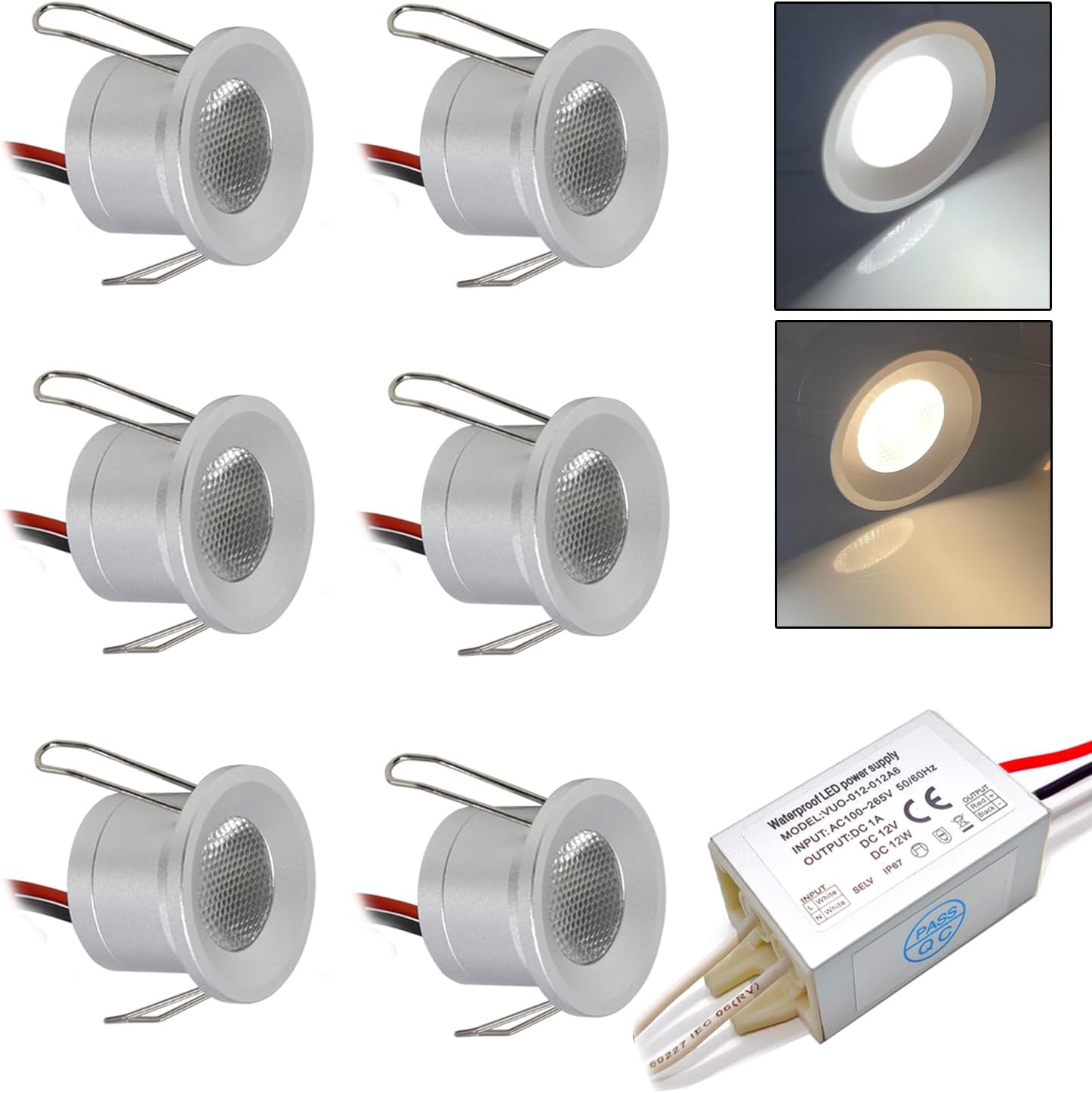 Focos LED pequeños kpslucerna, 2W, 12V CC, mini focos empotrables para techo y armario, 6 unidades IP65, luces de techo para cocina, escaleras, vitrinas, pasillo, iluminación blanca cálida