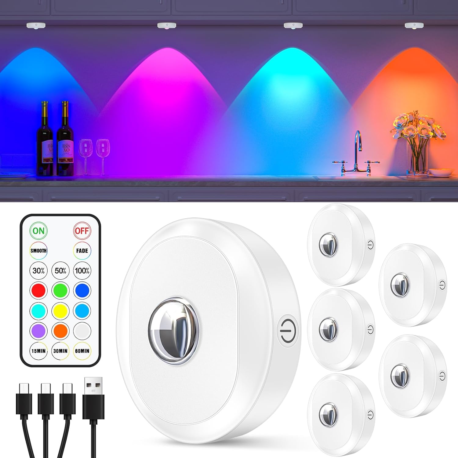 Focos LED RGB recargables por USB WILLED con control remoto, iluminación LED inalámbrica para vitrinas con temporizador, iluminación de gabinetes que cambia de color, luces magnéticas regulables para debajo de los gabinetes de cocina (paquete de 6)