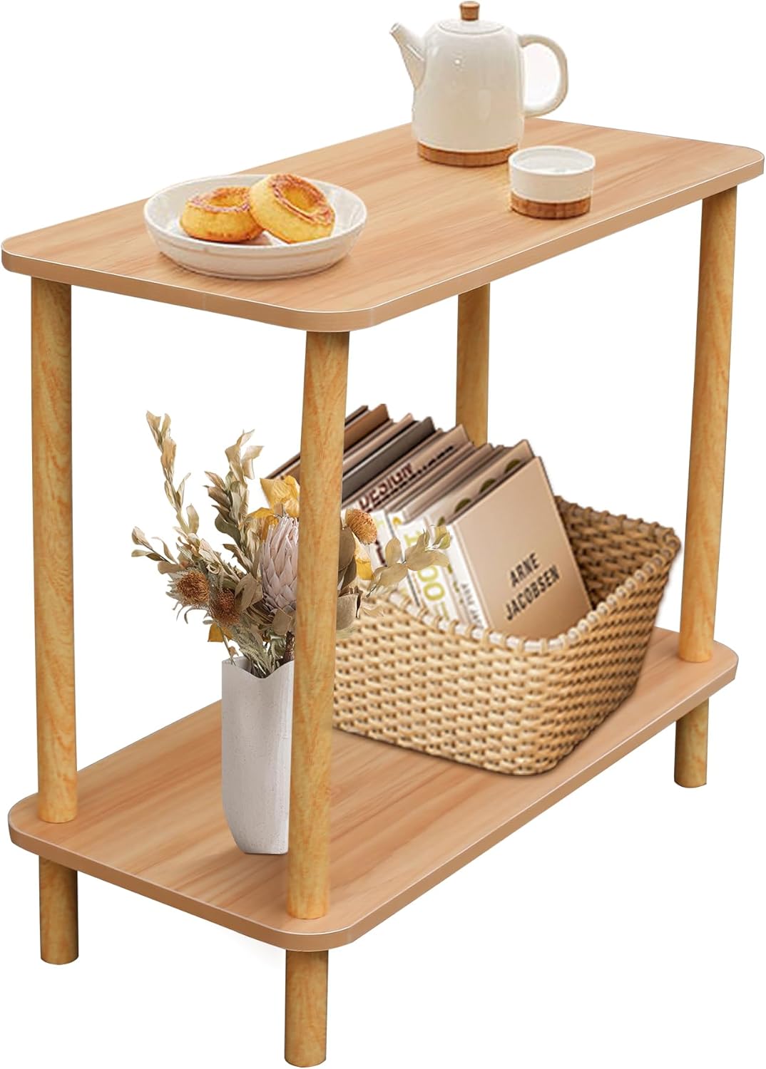 Gemsaya Mesa auxiliar de madera de 2 niveles, mesitas de noche con estante de almacenamiento, mesa de sofá de 60x30x53 cm, mesa de centro cuadrada moderna, mesa auxiliar natural estrecha para salón, d