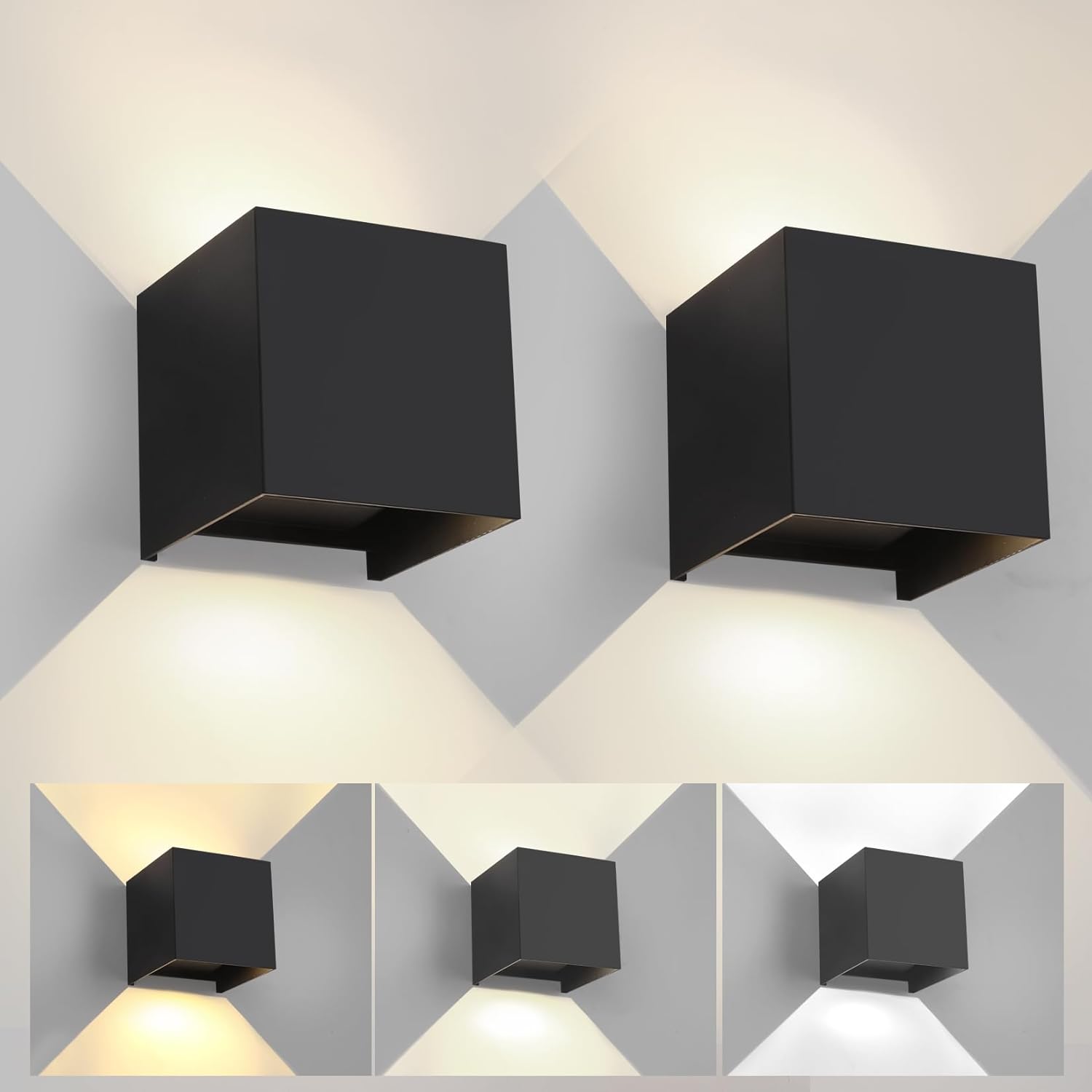 FUPE - Juego de 2 luces de pared para exterior e interior, ajustables, 3 colores de luz, LED, para exteriores, modernas, negras, 6 W, IP65, impermeables, cuadradas, de aluminio, con ajuste del ángulo 