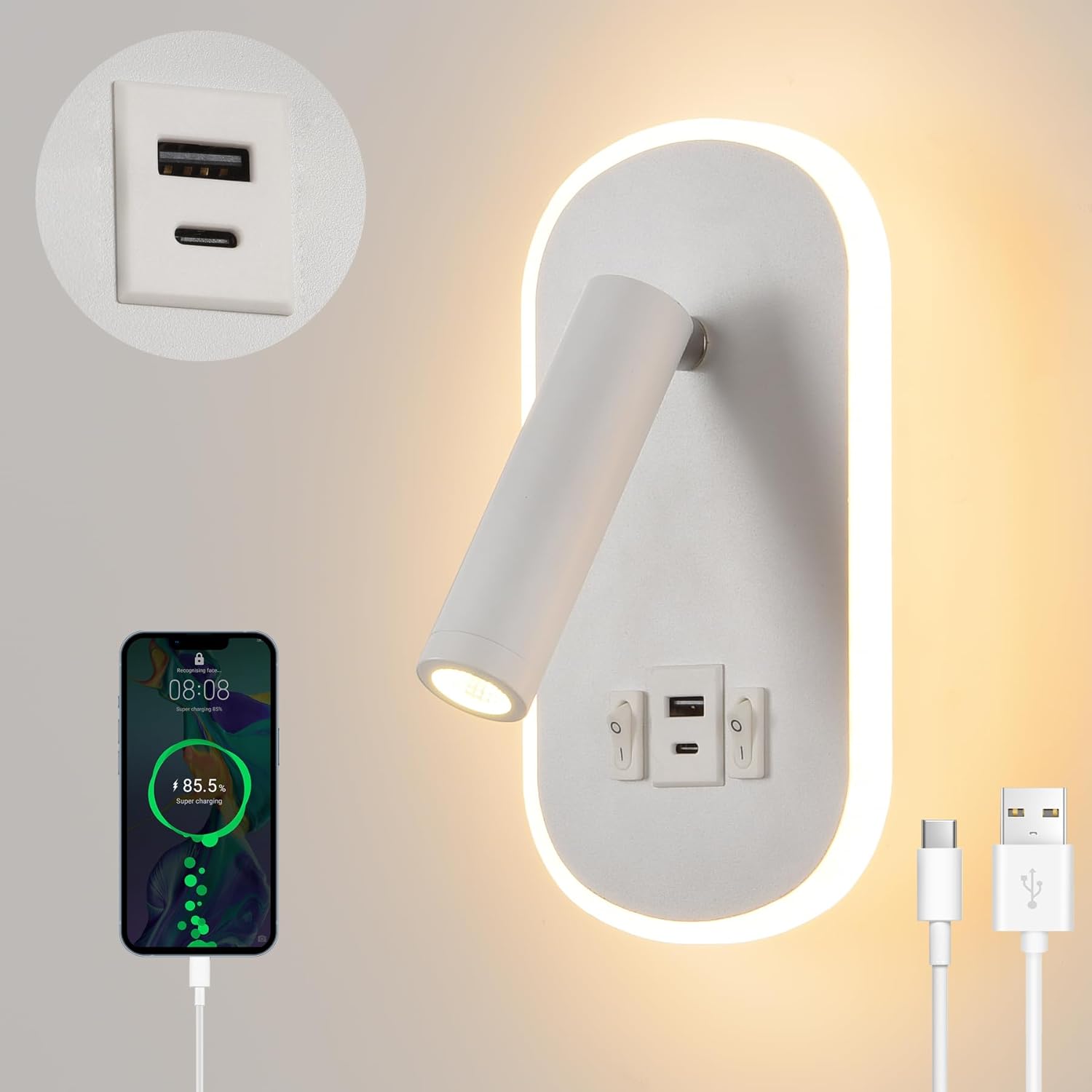 Lámpara de pared LED 3 en 1: 3W 3000K y 9W 6000K. Carcasa de aluminio, puertos de carga USB y TYPE C, ángulo ajustable de 330° y 90°. Fácil instalación y vida útil de más de 30.000 horas. Ideal para h