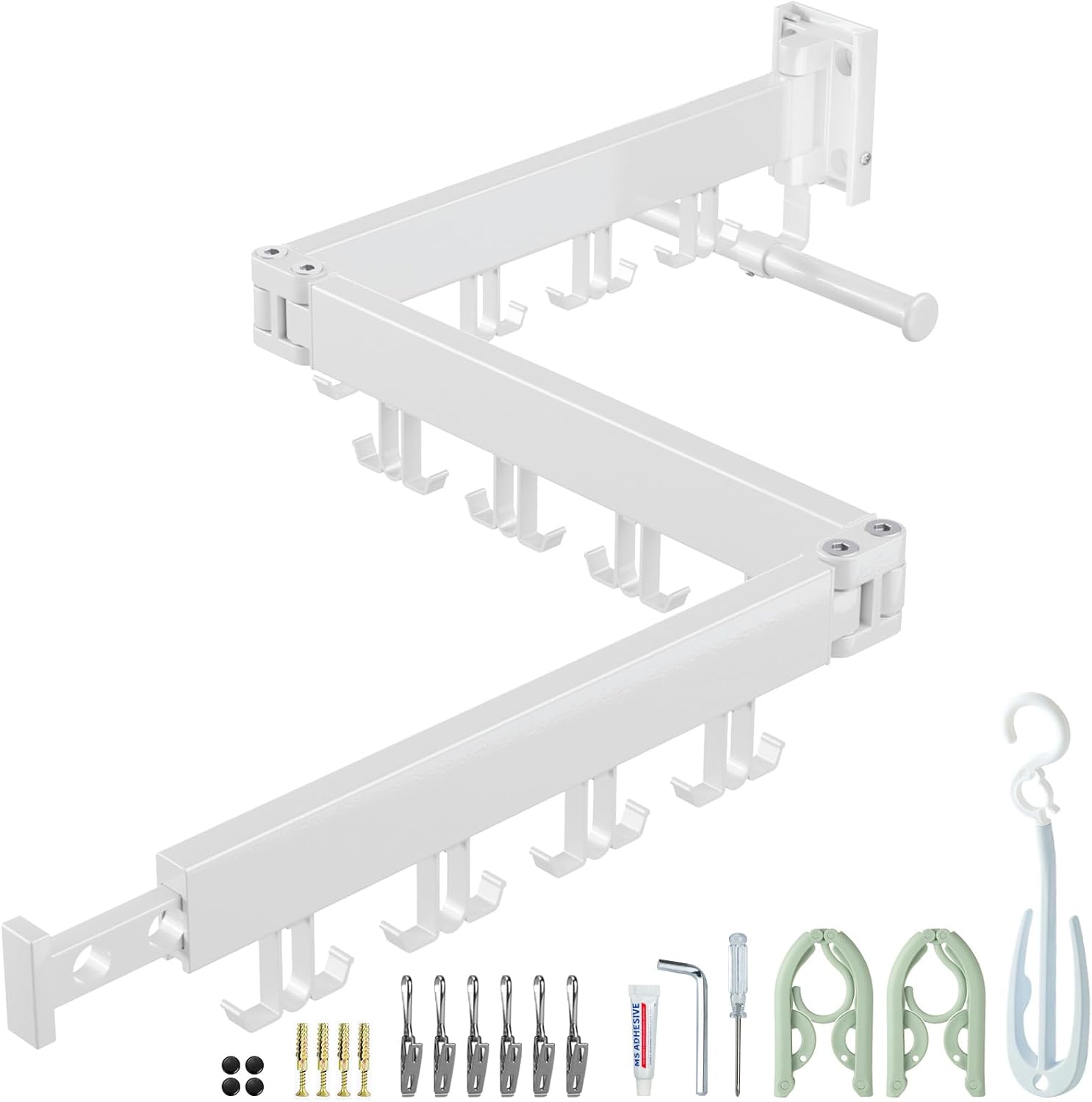 Tendedero mural, ahorra espacio, plegable en 3 partes, barra extensible con extensión, tendedero de aluminio con 24 ganchos, para balcón o terraza (blanco - ganchos dobles).
