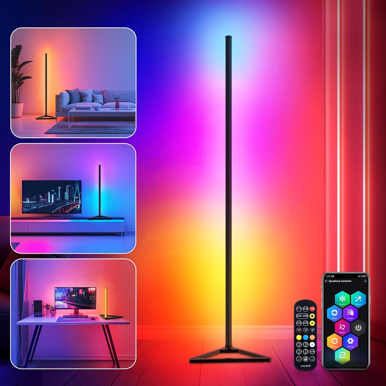 KingMile Lámpara de pie LED, lámpara de pie RGBIC, salón, regulable, 140 cm, lámpara de pie extraíble, negra, lámpara de pie LED con aplicación, lámpara de pie de 16 millones de colores, 300 modos de 