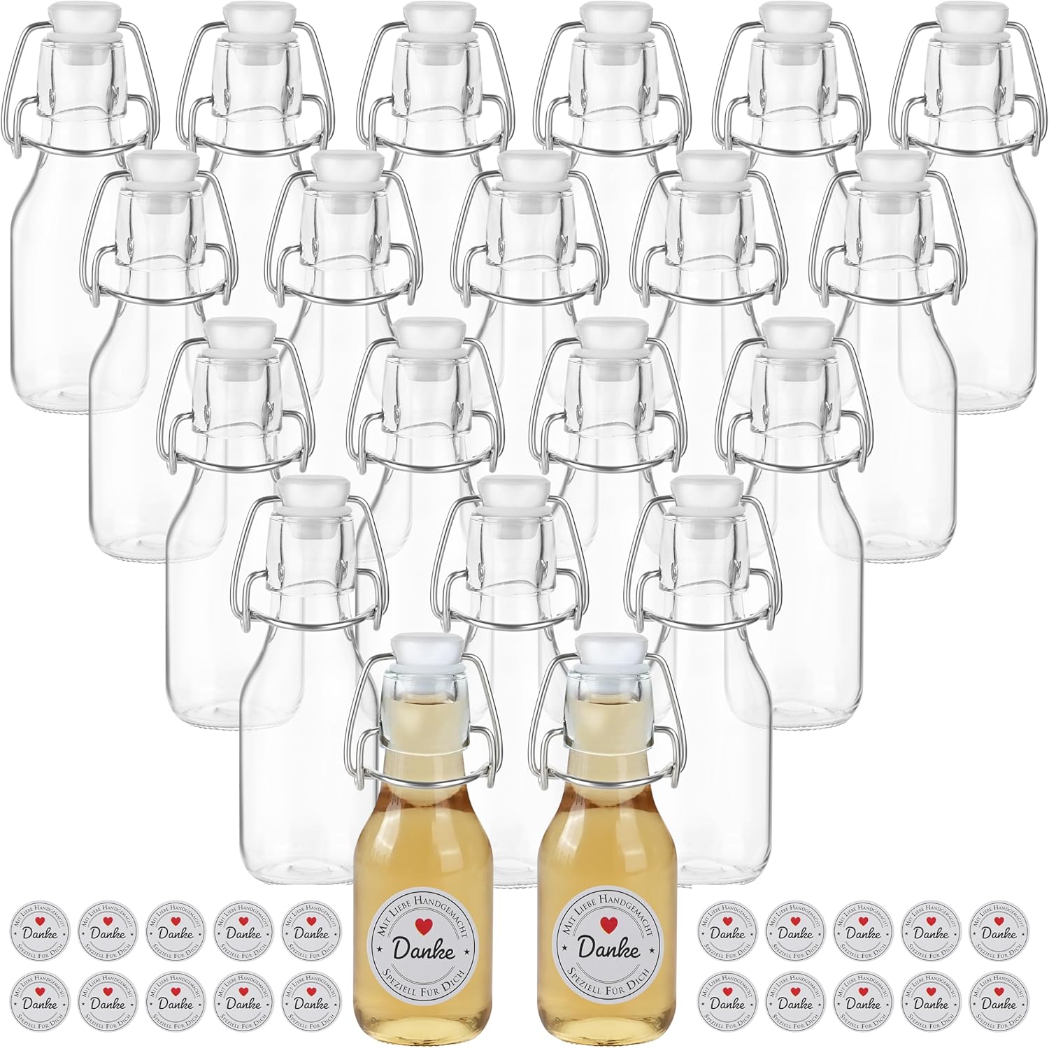 Winter Shore Botellas Pequeñas de 120 ml para Llenar con Tapas y Etiquetas (Paquete de 20) - Botellas de Vidrio Reutilizables con Tapa abatible para Kombucha, Salsa, Limonada - Botellas de Licor para 
