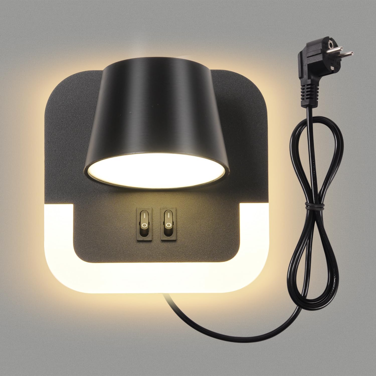 Lámpara de lectura de pared AWEKLIY LED 4W + 8W con interruptor, lámpara de lectura de pared interior con cable y enchufe, lámpara de lectura de pared para dormitorio, lámpara de noche, cabezal de lámpara giratorio, ajustable a 3000K, negro