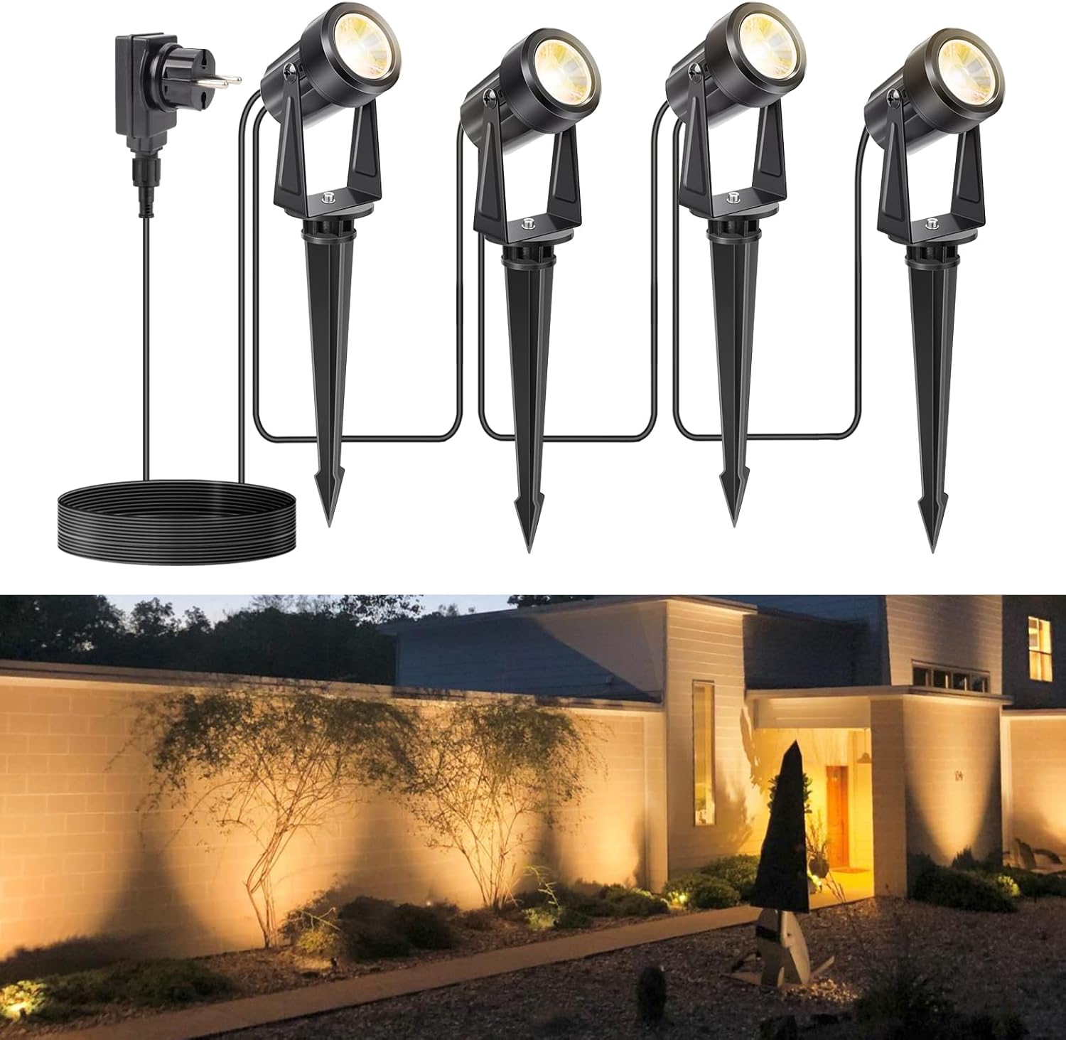 Foco LED de jardín NIORSUN, blanco cálido 3000K, resistente al agua IP67, de bajo voltaje, 12 V, 17 m, para jardín, patio y árboles (paquete de 4)