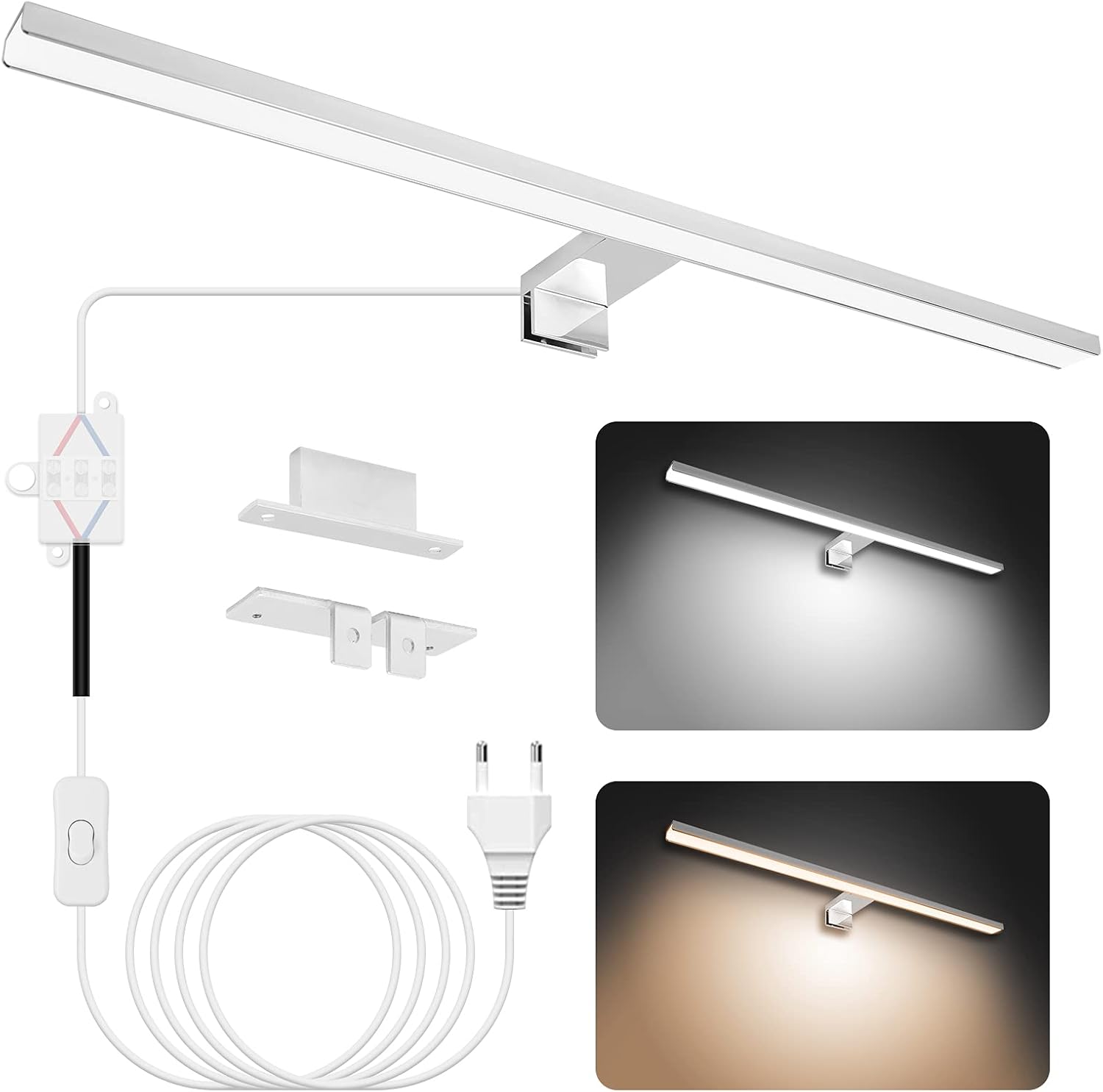 Material: aleación de aluminio con acabado cromado pulido. Potencia: 15W. Voltaje: 220V. Grado impermeable: IP44. Temperatura de color: 4000K (blanco natural), 6000K (blanco frío). Flujo luminoso: 150